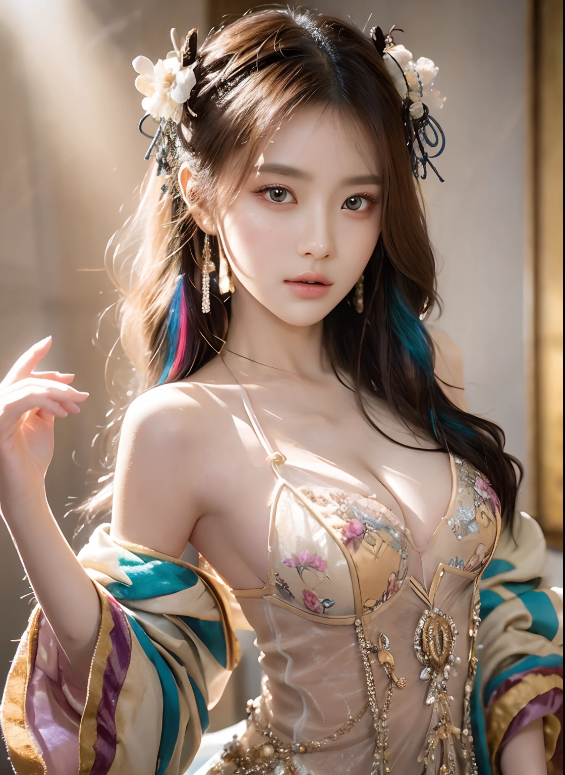 High quality, Masterpiece, Masterpiece, Exquisite facial features, Exquisite Hair, Elaborate Eyes, Off-bshoulders，Delicate colored hair, 4K quality, Gorgeous light and shadow, Tyndall effect, Halo, Messy hair, Young state, Gorgeous scenes, Beautifully dressed, feater,Ancient Chinese beauty with big eyes，detail-rich, Digital painting, art  stations, concept-art, Sharp focus, illustration,