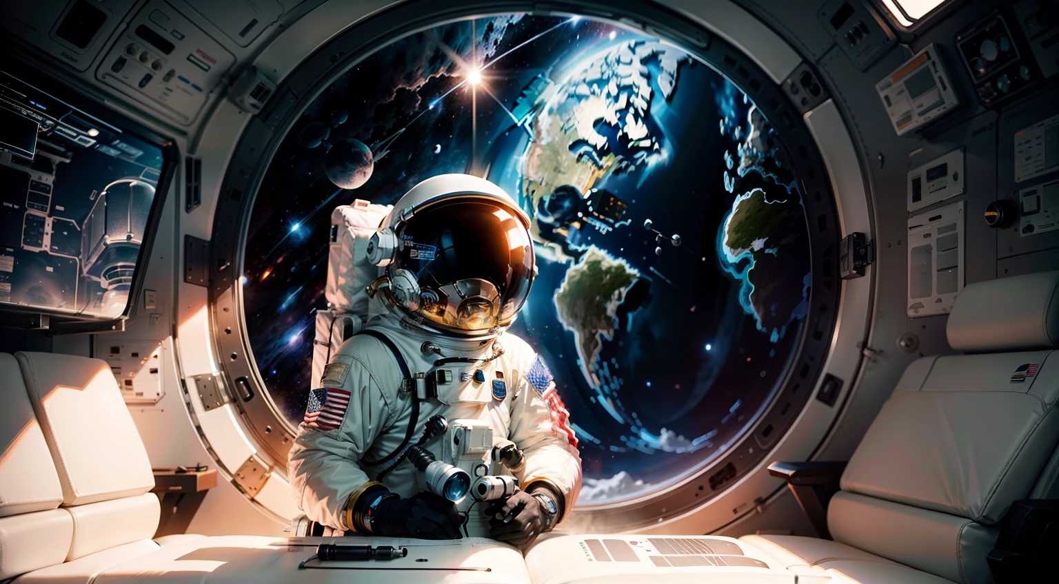 Space house sketch style astronaut single space equipment space capsule realistic interior closeup dark environment