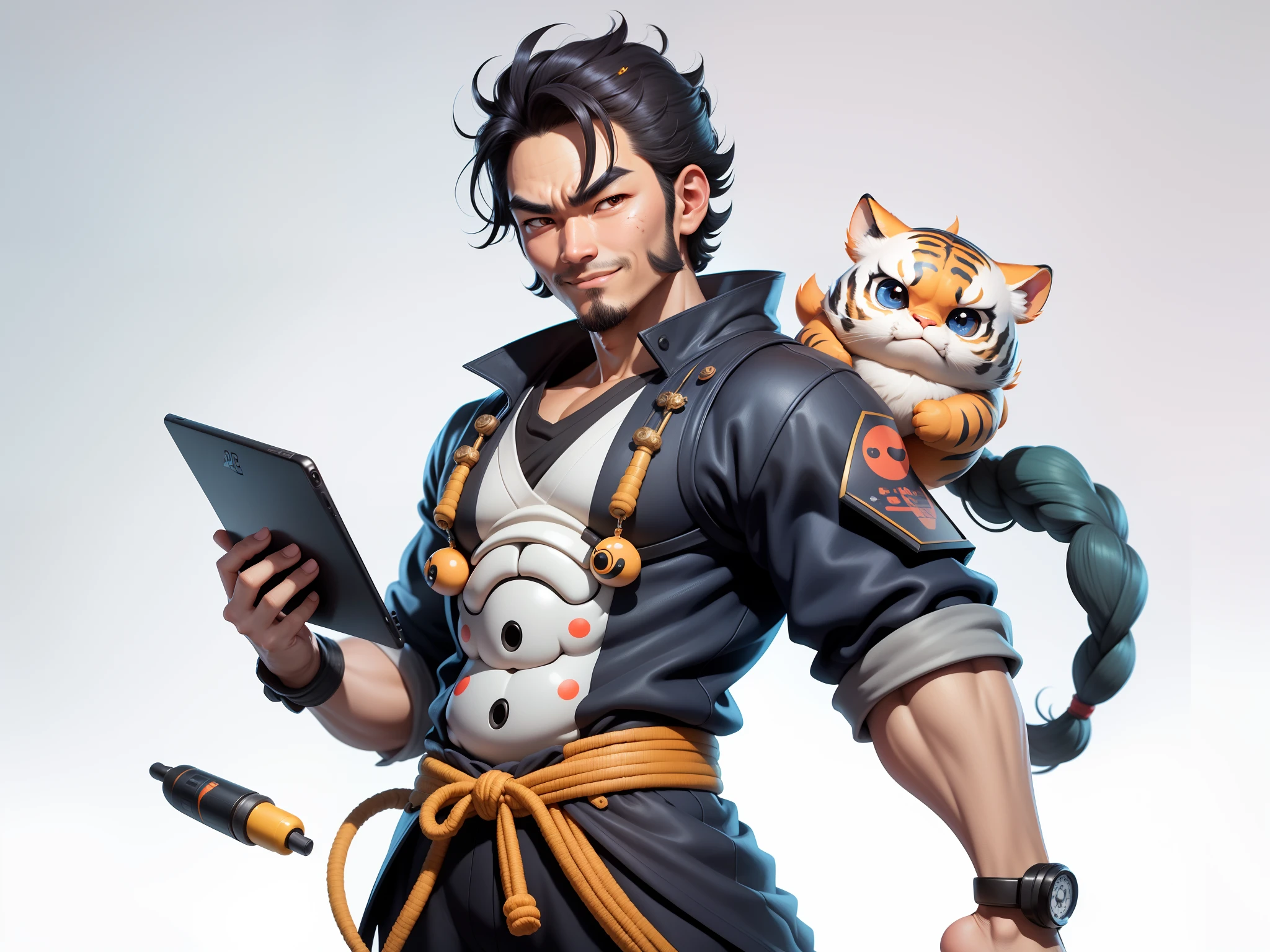 (Daisaku),(Need),(Super meticulous),(full bodyesbian:1.2),Super young man with Japanese geisha,Beautiful,orient,one tiger,Aeolian Thor,Raised sexy,爆乳,Oriental face,TV Anchor,Bust portrait illustration,In black suit,a blue tie,The face is slightly chubby,The face was clean,without a beard,Black super short hair,Black eyes,Smile confidently,3C computer sub-products,iPad, iphone,Digital painting,3D character design by Mark Clairen and Pixar and Hayao Miyazaki and Akira Toriyama,The illustration is a high-definition illustration in 4K resolution,With very detailed facial features and cartoon-style visuals。