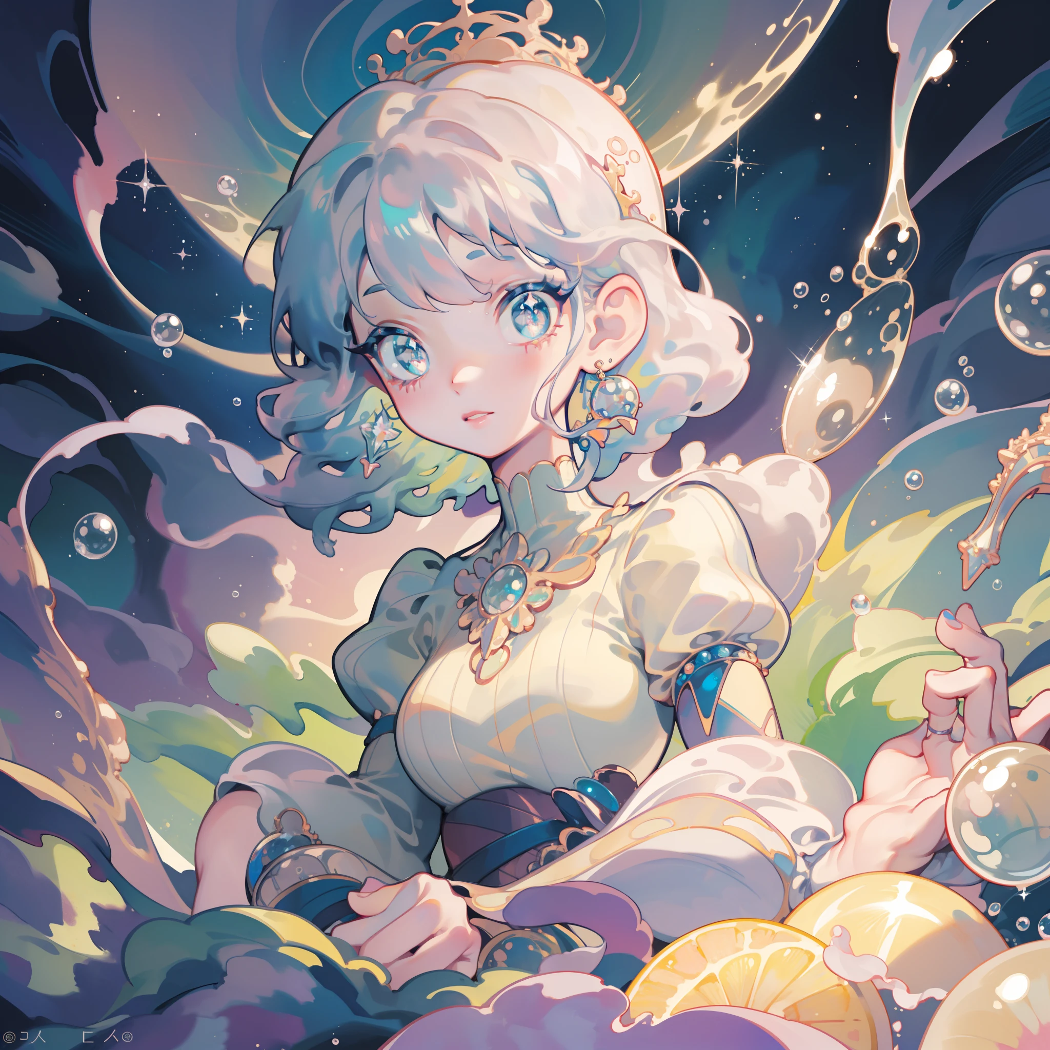 masterpiece, best quality, 8k resolution, sharp focus, intricate detail, beautiful girl, sparkling eyes, golden ratio face, otherworldly liquid, watercolor, pastel colors, bright colors, whimsical, colorful, sharp focus, high resolution, fine detail, princess layered ballgown, ((round eyes)), iridescent bubbles, castle landscape in background
