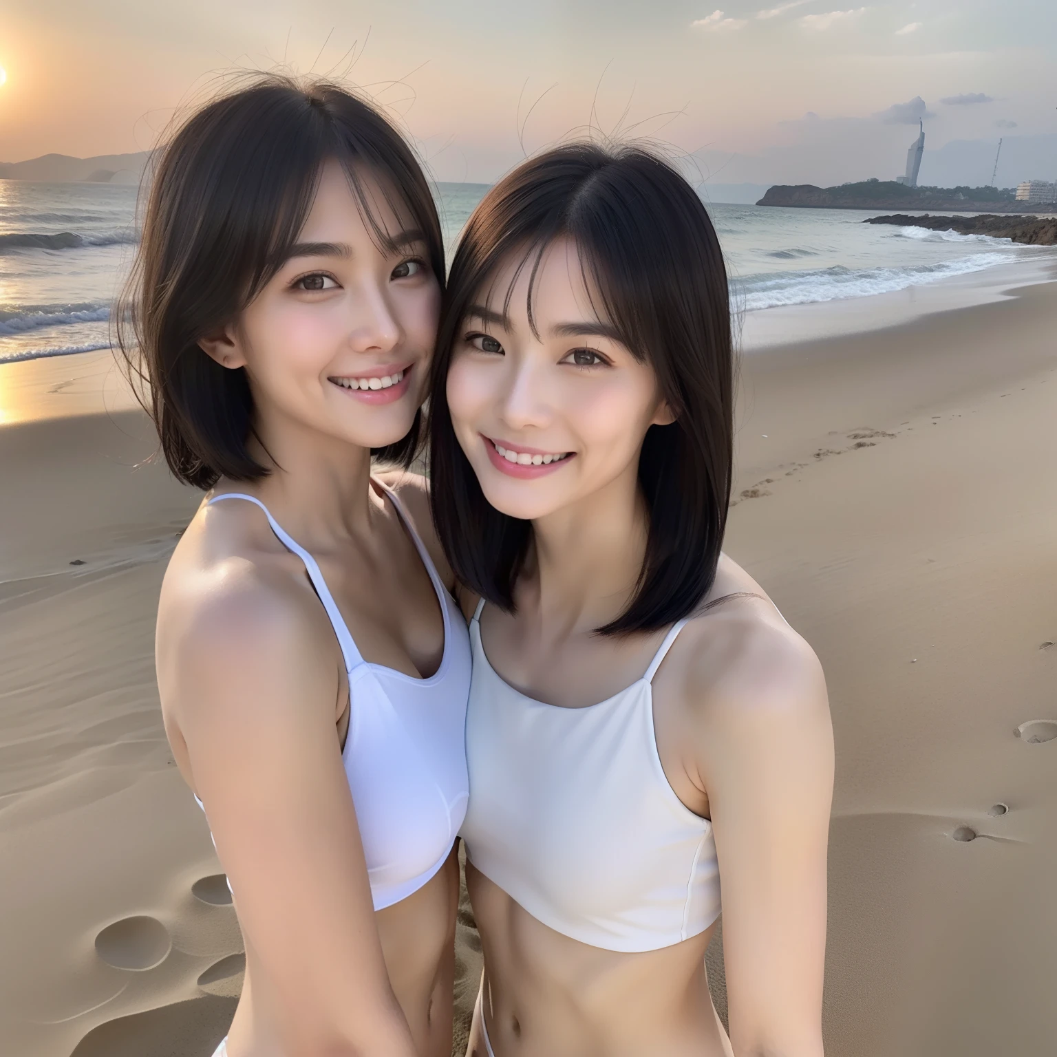 top-quality、masterpiece、超A high resolution、(Photorealsitic:1.4)、Highly detailed and professional lighting smile。in beach、Healthy abs、Tall and beautiful woman、1人の女性、Perfect figure:1.4、Slender Abs、A dark-haired、Bob hairstyle、The bikini、swim wears、a smile