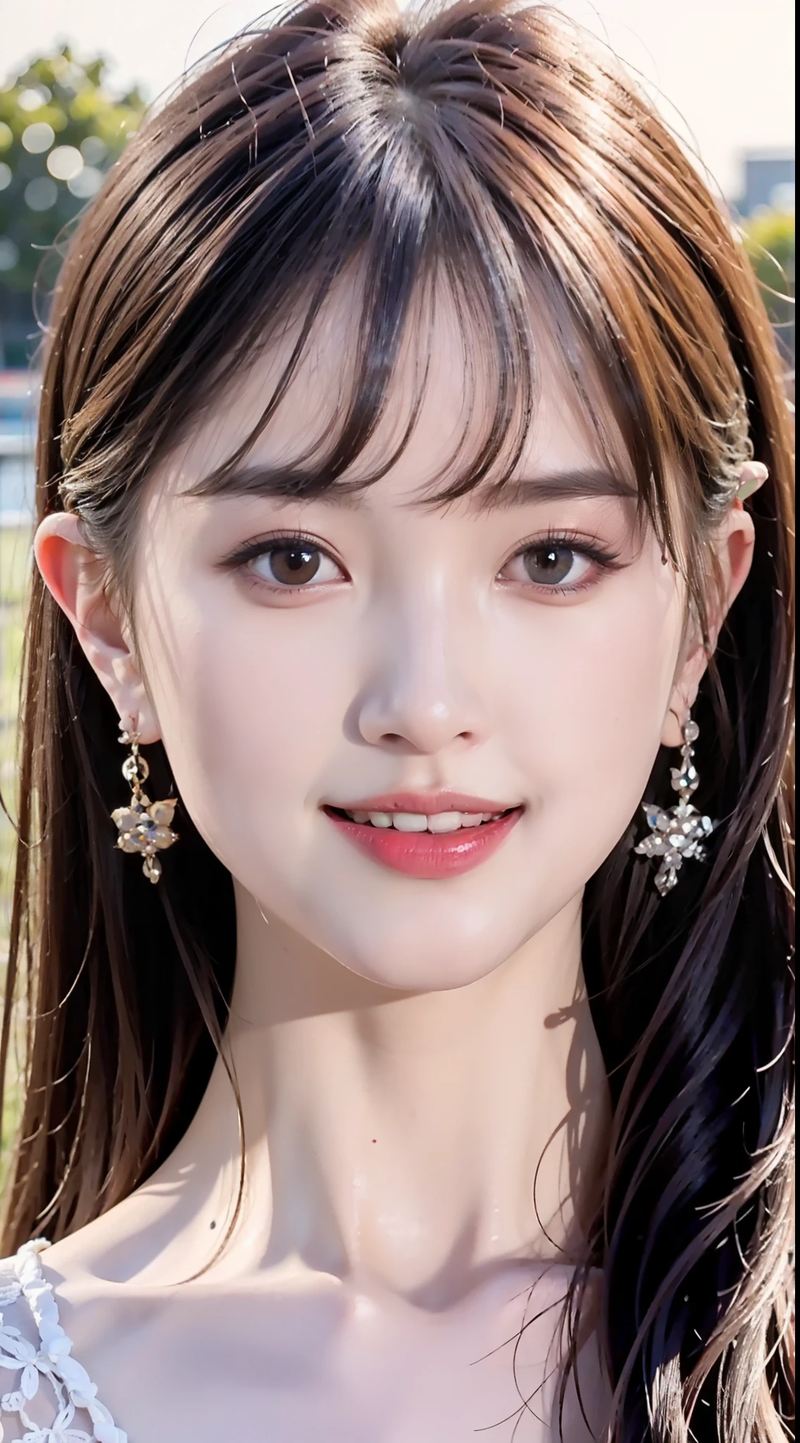 closeup of face， Face shooting，Short white dress，golden hair， （pointy ears： 1.（Gold pattern quality：1.3）， 23-year-old female model E cup，The off-the-shoulder suspenders leak the chest， Top details ，8k 壁纸， grand master， tmasterpiece， sportrait， middle， Watch the footage， beautiful Chinese and Korean mixed blood idols， （（Ultra-fine face，A detailed description of the facial features））， Lip biting makeup， Sweet smiling， Perfect facial features，Good complexion， green meadows， Stream Autumn，By bangs，  hair adornments， A high resolution， best qualtiy， 8 High quality， super detailing， tmasterpiece，