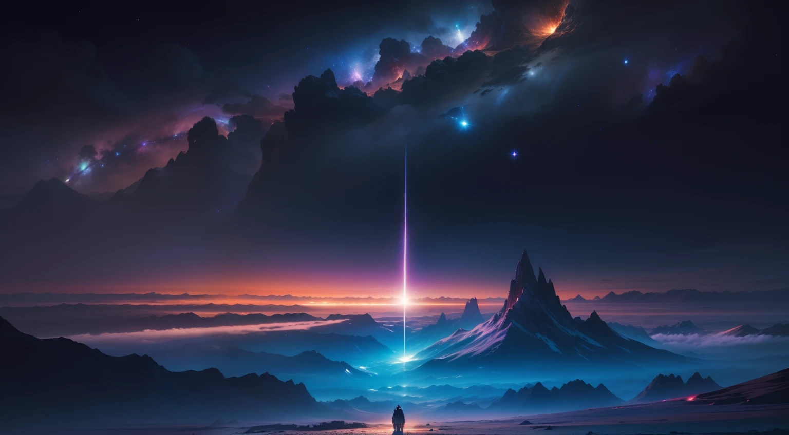 a mountainous landscape illuminated with a distant galaxy in the background, galactic landscape, magnificent background, epic dreamlike fantasy landscape, epic beautiful space scifi, cosmic landscape, surreal space, fantasy space, beautiful alien landscape, Sci-Fi Fantasia Desktop Wallpaper, Space landscape, paisagem de fantasia impressionante, beautiful space, stunning alien landscape, sci-fi fantasy wallpaper, galaxias se chocando, 11 pessoas contemplam a paisagem