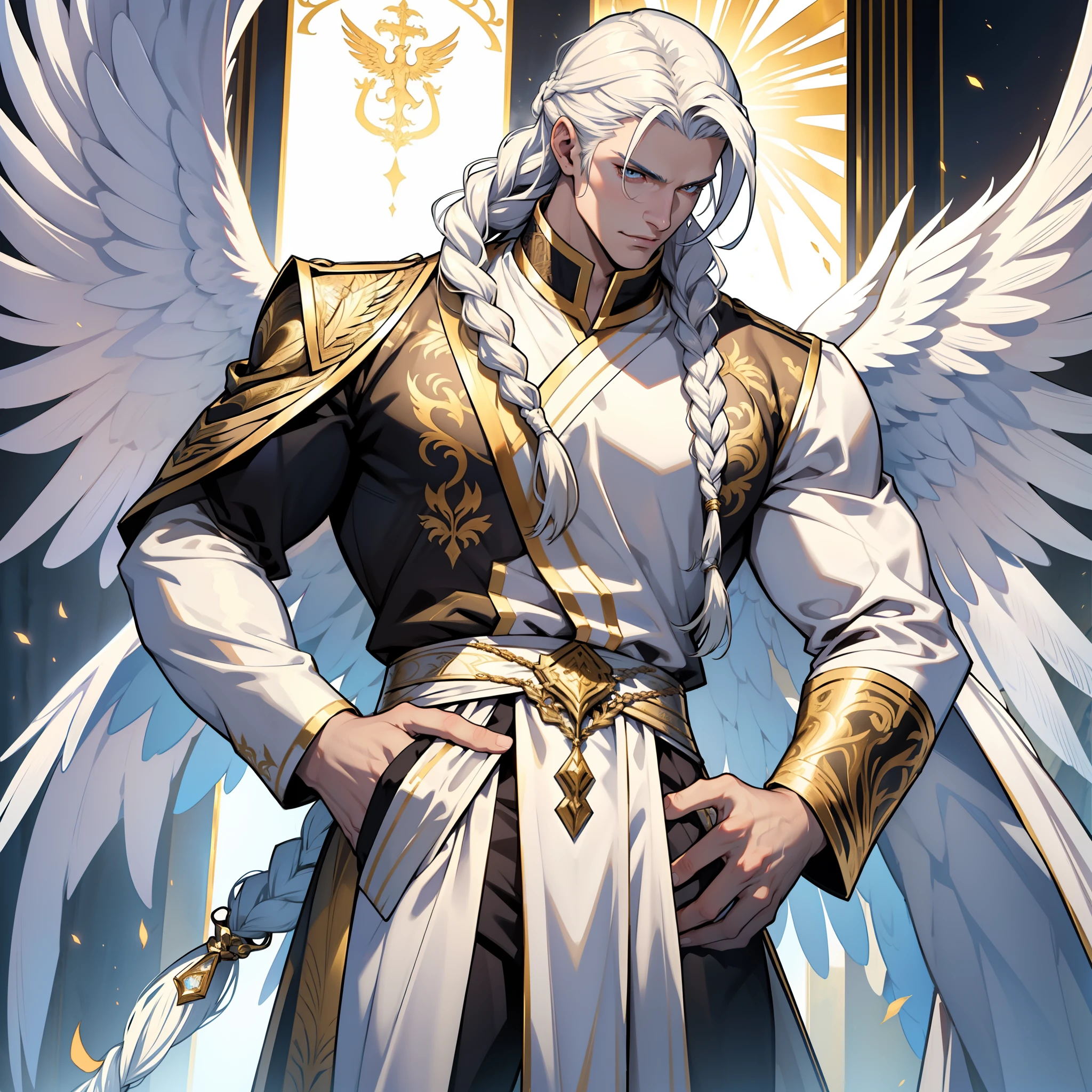 Caius is a handsome male, stands at 7ft tall. He has an athletic body structure. He wears royal attire thats silver and gold. He has beautiful long white silky hair and a golden eye color. He is seen with a staff. He has huge white wings. A big bulge in his pants. White Phoenix human form. His hair is braided back