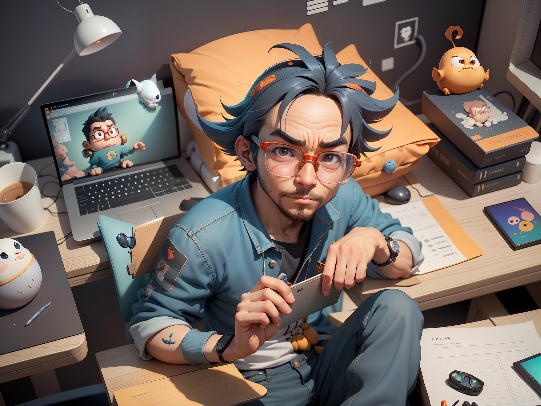 A young man with glasses sits at his desk,holding laptop,digitial painting,3D character design by Mark Clairen and Pixar and Hayao Miyazaki and Akira Toriyama,4K HD illustration,Very detailed facial features and cartoon-style visuals。