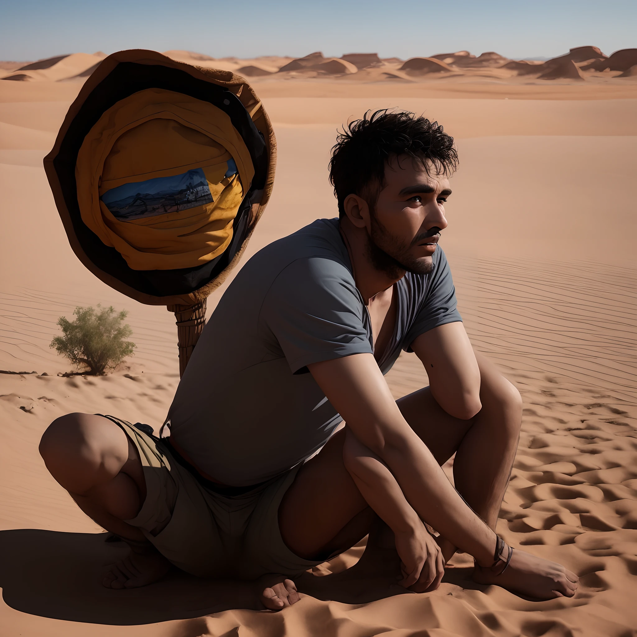 Um homem sozinho num deserto, ajoelhado de frente de uma cruz.