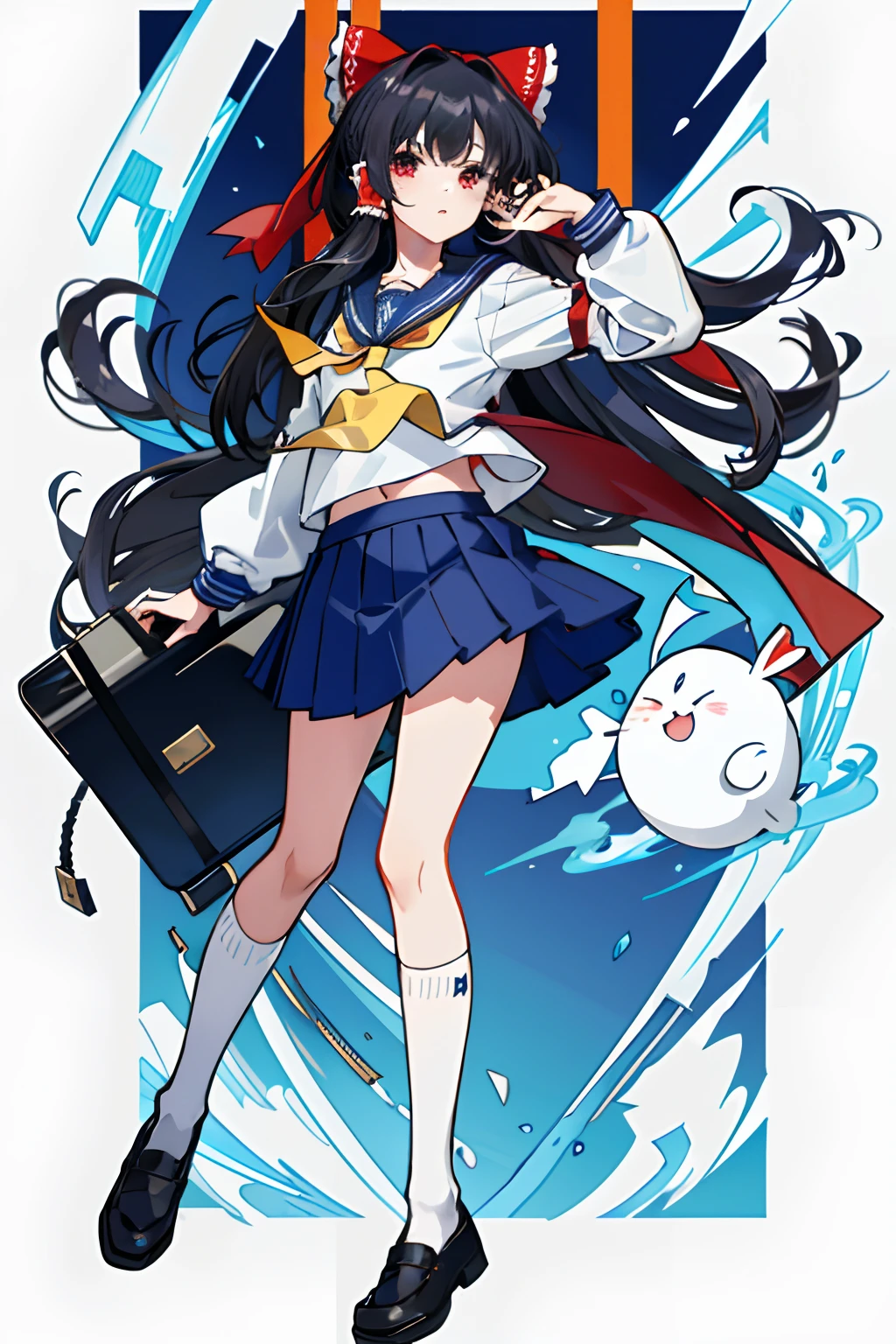 Depiction of a young woman with long hair holding a briefcase, 1 girl, Solo, reimu hakurei, School uniform, Just flat, In a blue skirt, shoes, serafuku, White Sailor Uniform, sox, mary janes, School Background, different costume, Long sleeves, Black hair, Full body, Looking at Viewer, Long hair