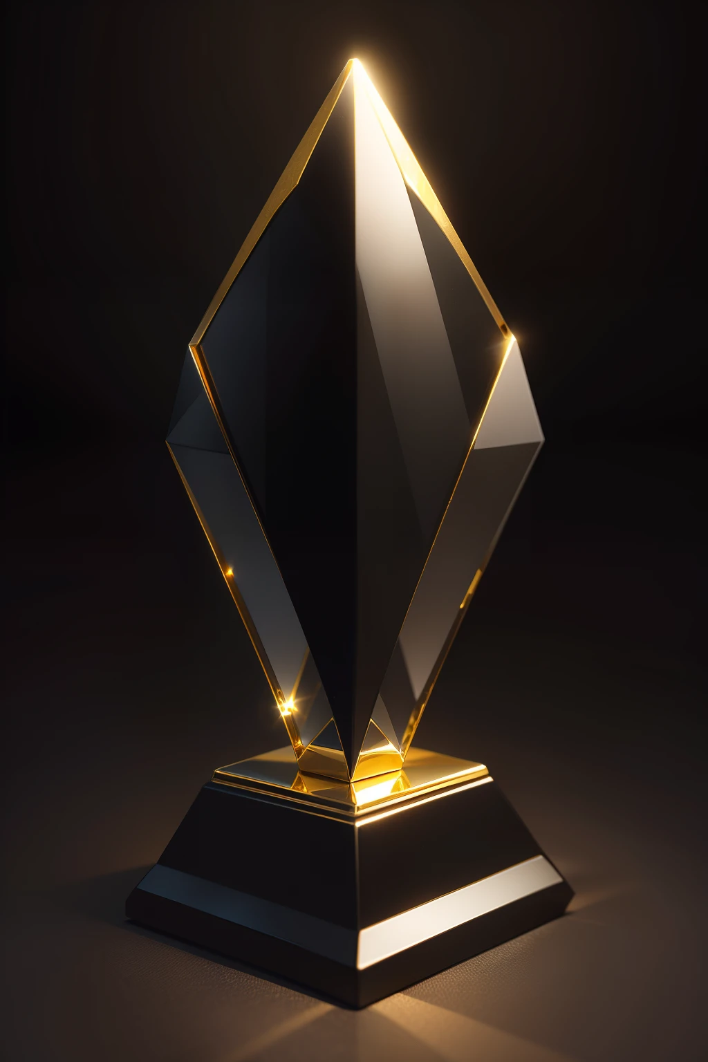 Triangular trophy made of gold glass、Black reflective base,No characters appear