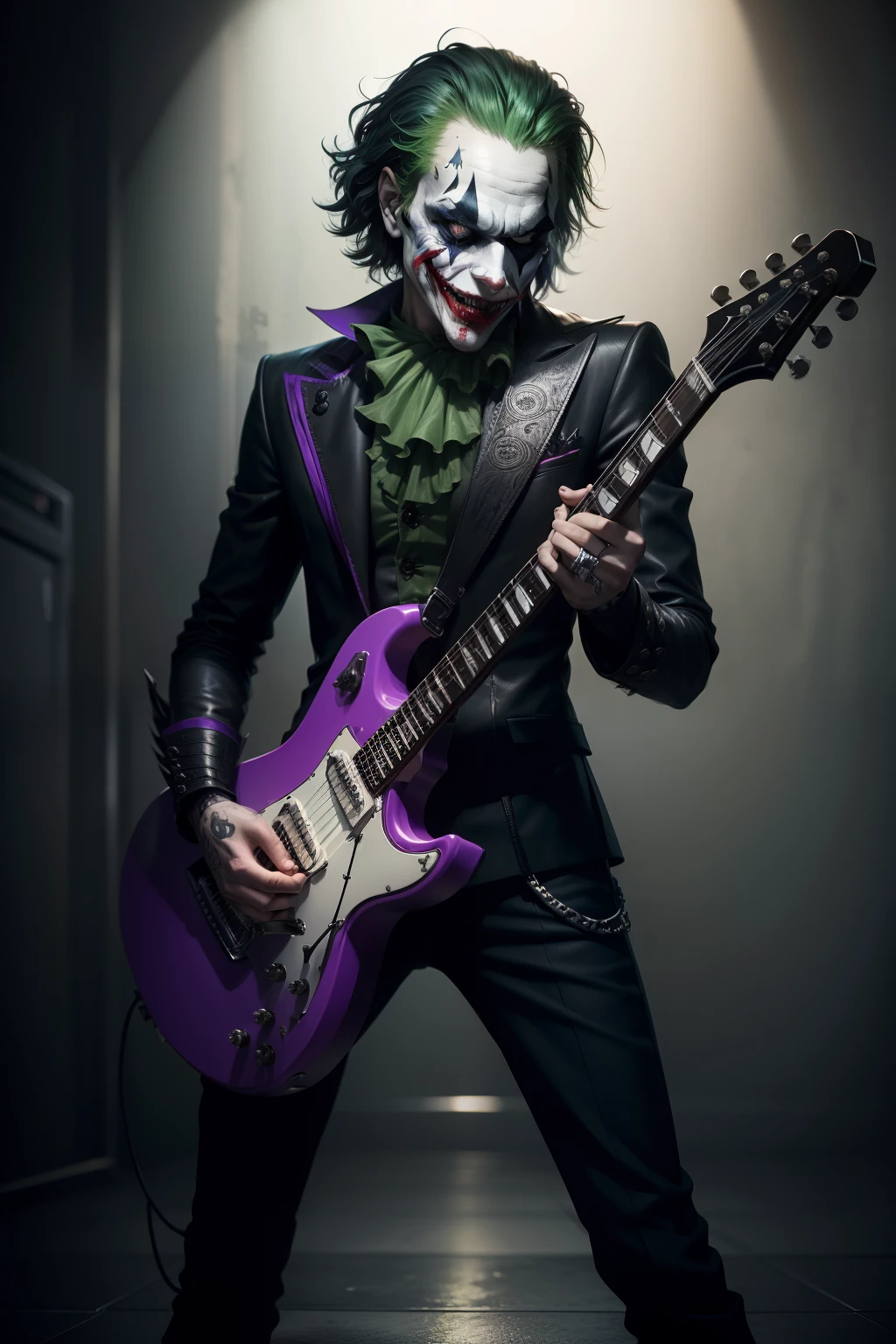 A Dramatic joker as metal gitaris, cinematic, extreem realistic, extreem detailed, extreem Sharp, full body shot