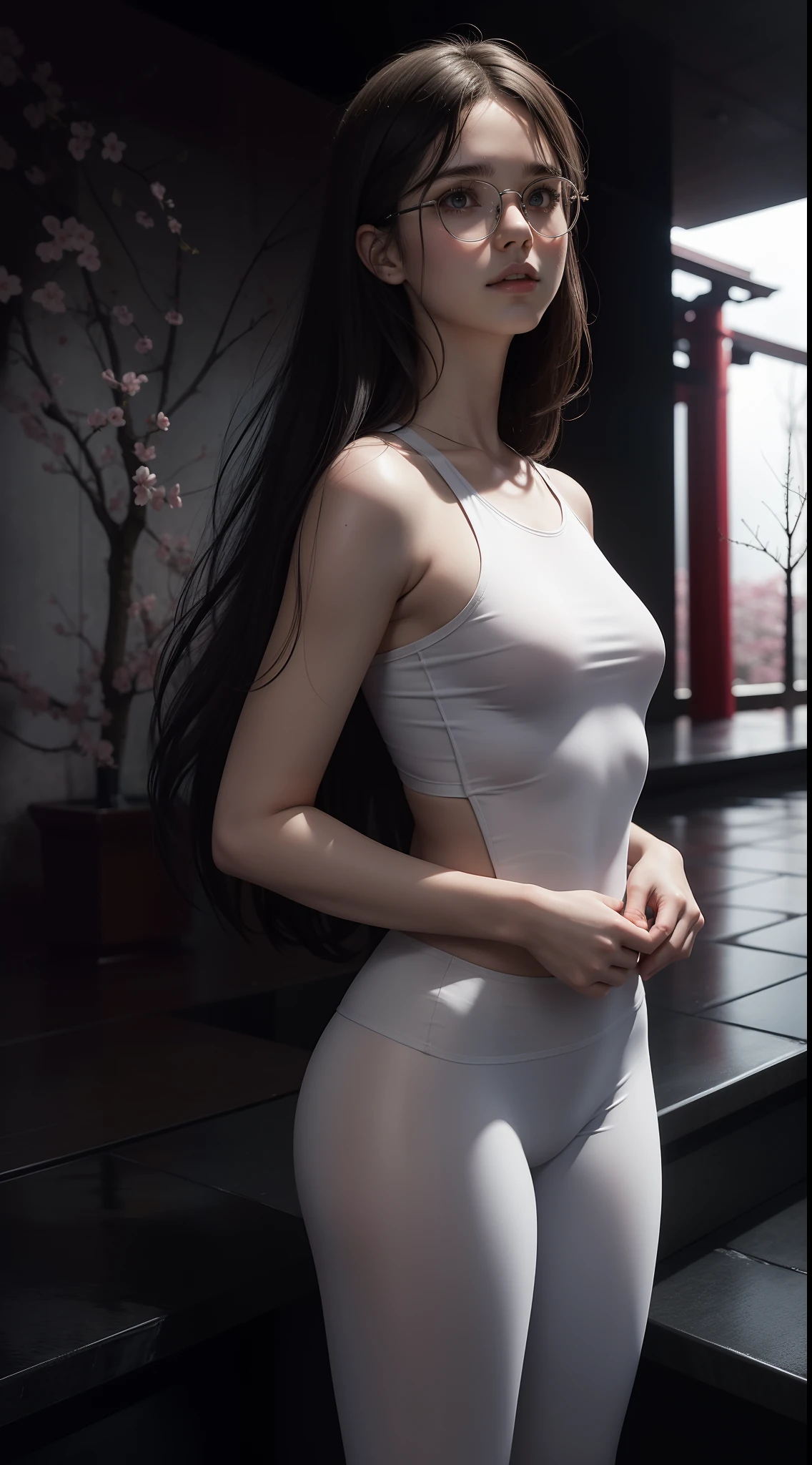 Beautiful young Margaret Qualley, The Last of Us, game, glasses, white shirt, tight shirt, wearing a nice top, large neckline, wearing simple tight clothes, leggings, hyperrealistic, , model's body, small breasts, beautiful breasts, long hair, layered hairstyle, blonde hair, long legs, 8k, in front of lake, cherry blossom, sunlight, led lighting, blood on wall, pool of blood, full of human remains, detailed reflection , Japanese horror style