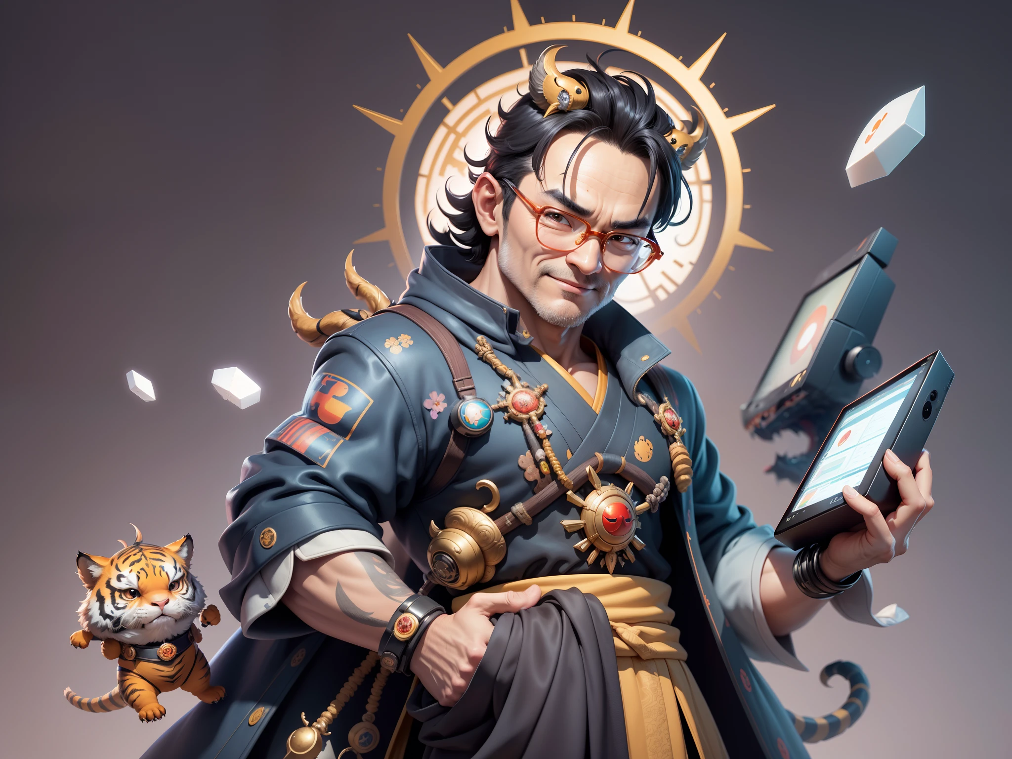 (Masterpiece), (Excellent), (Super Meticulous), (Full Body: 1.2), Super Young Man with Japanese Female Geisha, Pretty, Beautiful, Chinese Dragon, Tiger, Wind God Thor, Sexy, Bursting, Oriental Face, TV Anchor, Bust Portrait Illustration, Black Suit, Blue Tie, Slightly Chubby Face, Silver Glasses, Very Clean Face, No Beard on Chin, Black Super Short Hair, Black Eyes, Confident Smile, 3c Computer Sub-Products, iPad, iPhone, Digital Painting, 3D character design by Mark Clairedon and Pixar and Hayao Miyazaki and Akira Toriyama, the illustrations are HD illustrations in 4K resolution with highly detailed facial features and cartoon-style visuals.