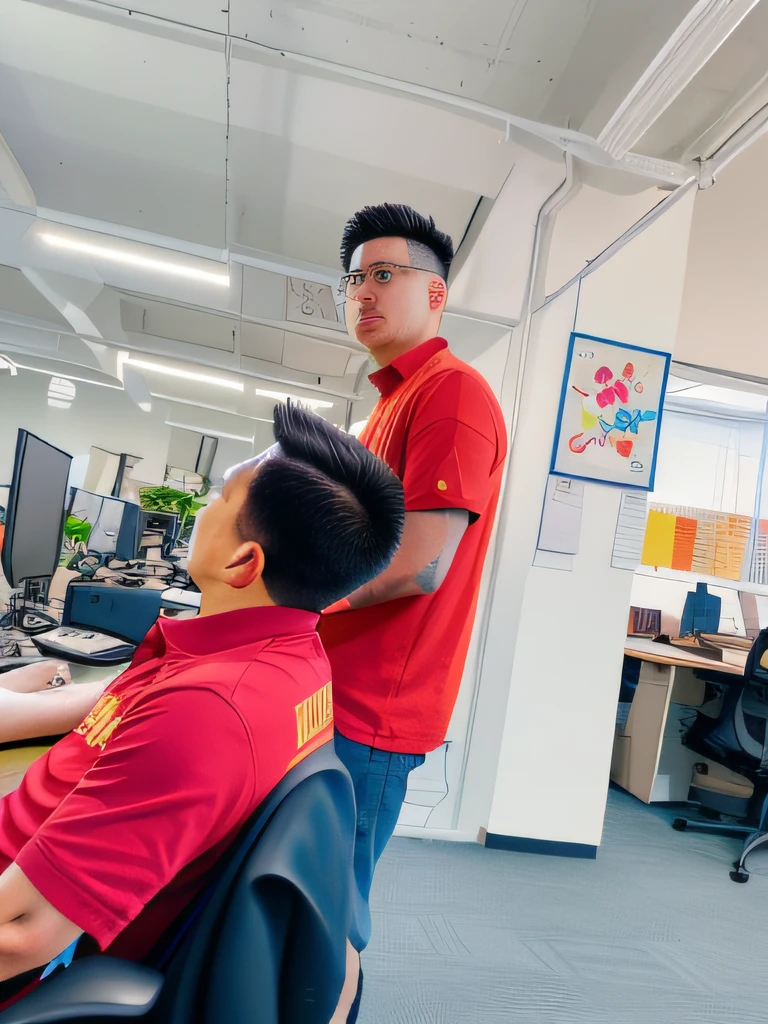 There were two men sitting at their desks,There is a computer in front of you。, taken with sony alpha 9, Shot on Canon EOS R 6, shot on nikon z9, short hair on top of his head, head is up, chinese artist, touching heads, In the office, working in an office, taken with canon 8 0 d, with a big head, co worker