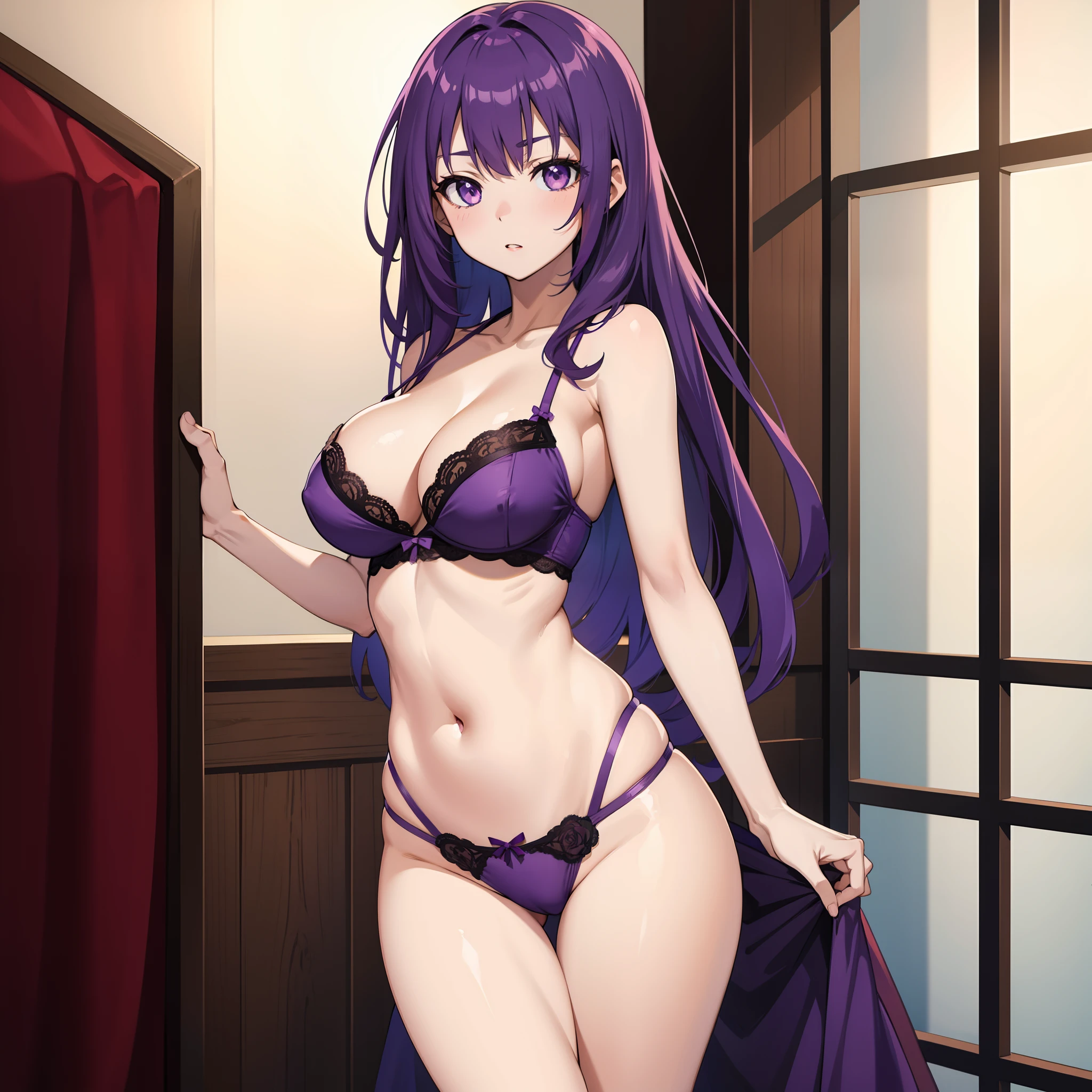 Anime girl, purple hair, lingerie