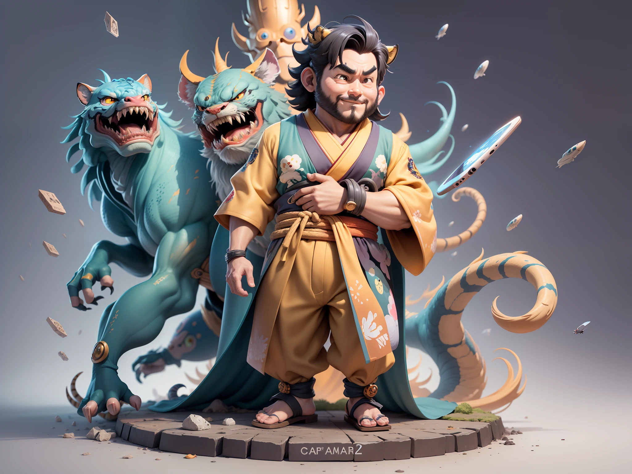 (Masterpiece), (Excellent), (Super Meticulous), (Full Body: 1.2), Super Young Man, Oriental Face, Japanese Kimono, Japanese Wind Thunder God, Dragon, Tiger, TV Anchor, Bust Portrait Illustration, Alone, Black Suit, Blue Tie, Slightly Chubby Face, Very Clean Face, No Beard, Black Super Short Hair, Black Eyes, Confident Smile, 3c Computer Sub-Products, iPad, iPhone, Digital Painting, 3D Character Design by Akira Toriyama and Mark Claireden and Pixar and Hayao Miyazaki, The illustration is a high-definition illustration in 4K resolution with very detailed facial features and cartoon-style visuals.