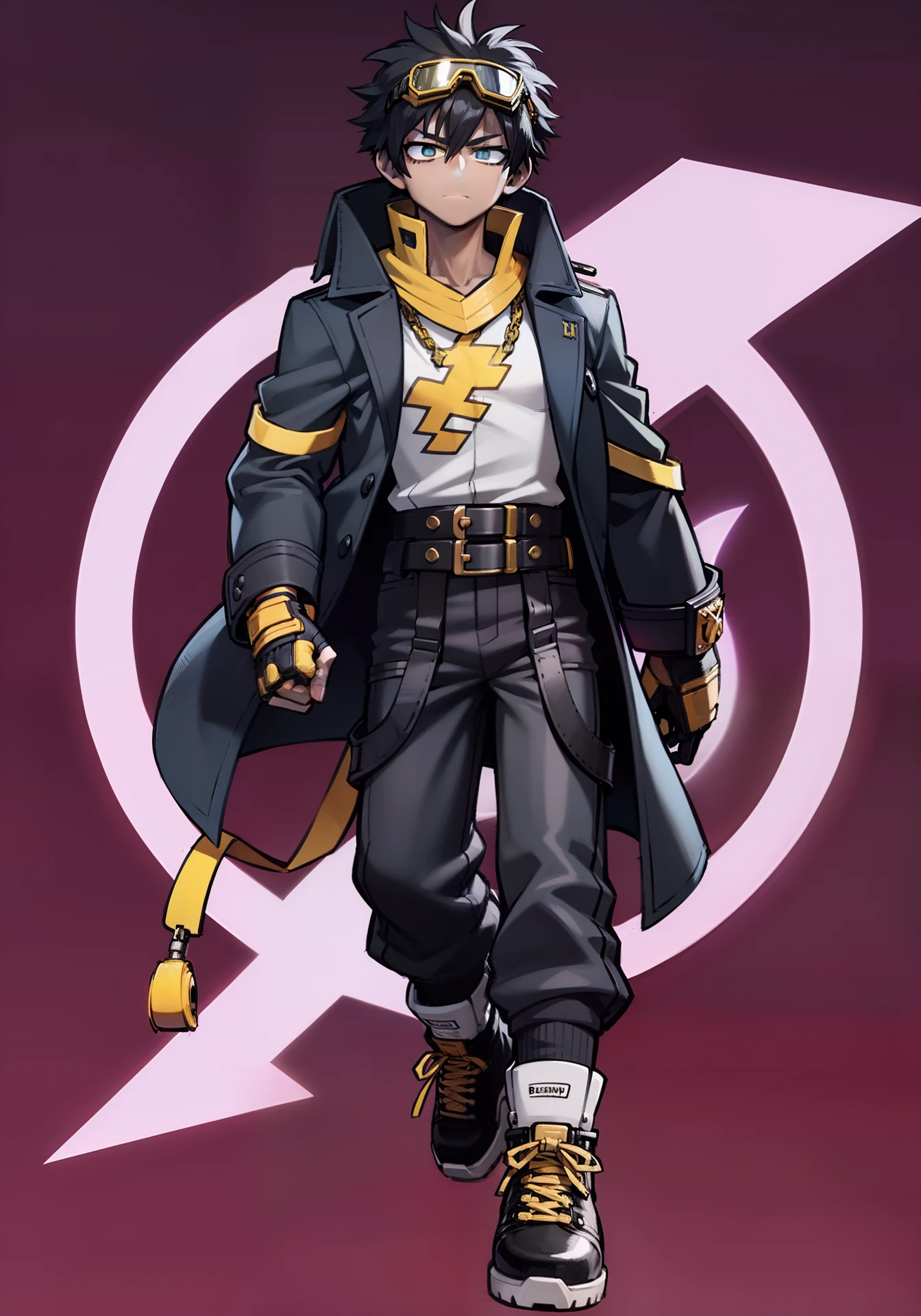 My Hero Academia style, anime boy, male, young male, trending on artstation pixiv, (full body shot:0.5), Masterpiece, fullbody suit, Hero costume, Dark-skinned male, Brown Skin, dreadlocks, brown hair, Blue eyes, Dark blue trench coat with black stripes, Dark blue suit with black stripes, yellow lightning bolt logo on chest,chest lightning logo, lightning logo, chest logo, yellow lightning logo, yellow goggles on the forehead, goggles on the forehead, yellow goggles, black ankle boots, toe-cap ankle boots, yellow knee pads, black gloves, black background, black background with blue lightning, blue lightning, background with lightning,