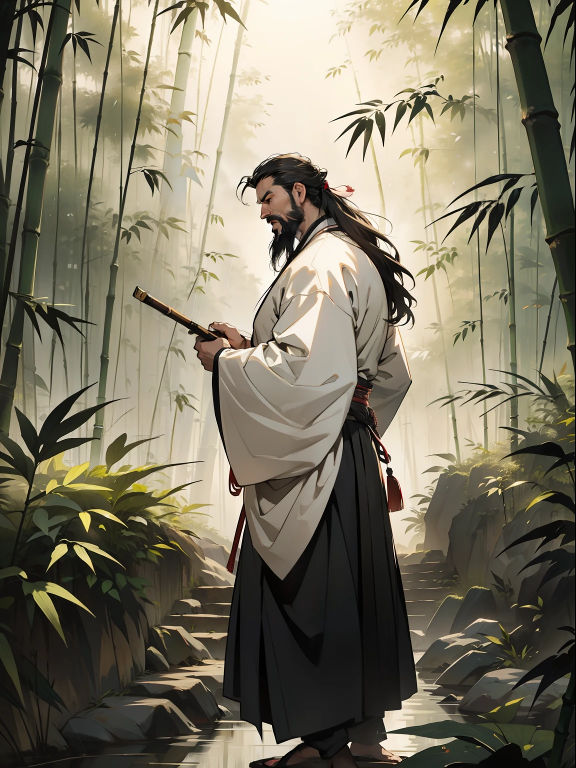 Deep in the bamboo forest, Chinese Ancient Times，raining day, A middle-aged male, 50yearsold, With a beard，Long hair coiled up，dressed white hanfu, Standing in a bamboo forest, A hand touched his beard，Place one hand behind your back，look up to，Quiet, Cinematic lighting, in a panoramic view, Masterpiece, ccurate, Super detail, Award-Awarded, Best quality