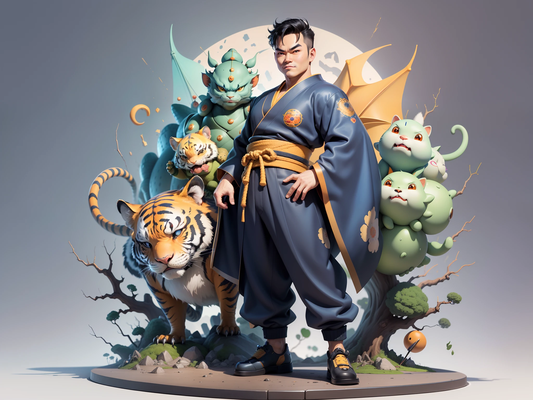 (Masterpiece), (Excellent), (Super Meticulous), (Full Body: 1.2), Super Young Man, Oriental Face, Japanese Kimono, Japanese Wind Thunder God, Dragon, Tiger, TV Anchor, Bust Portrait Illustration, Alone, Black Suit, Blue Tie, Slightly Chubby Face, Very Clean Face, No Beard, Black Super Short Hair, Black Eyes, Confident Smile, 3c Computer Sub-Products, iPad, iPhone, Digital Painting, 3D Character Design by Akira Toriyama and Mark Claireden and Pixar and Hayao Miyazaki, The illustration is a high-definition illustration in 4K resolution with very detailed facial features and cartoon-style visuals.