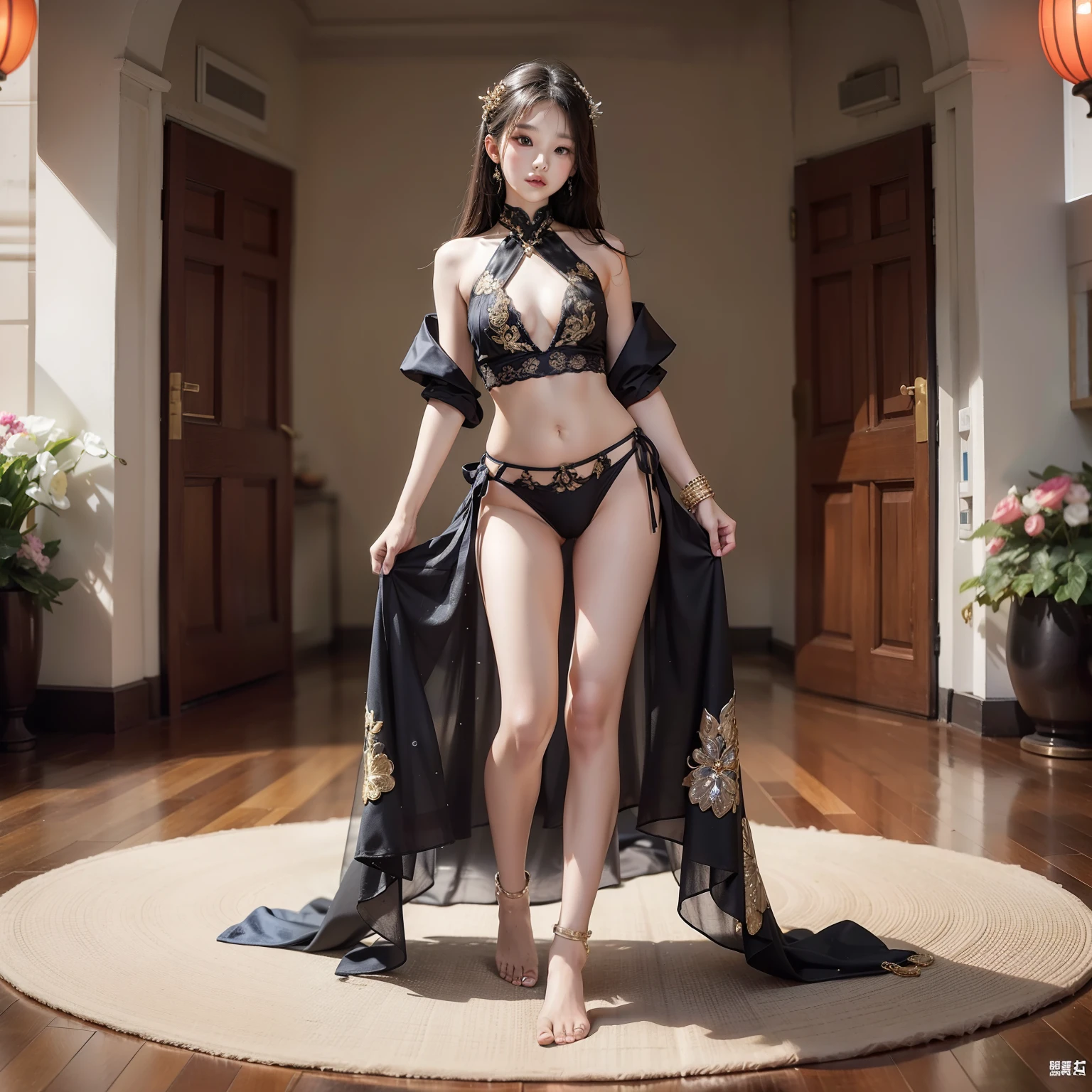 8K，Full body photo，A 14-year-old Asian woman，underdressing，jewelry，slimfigure，perfect bodies，Fashion show，Barefoot