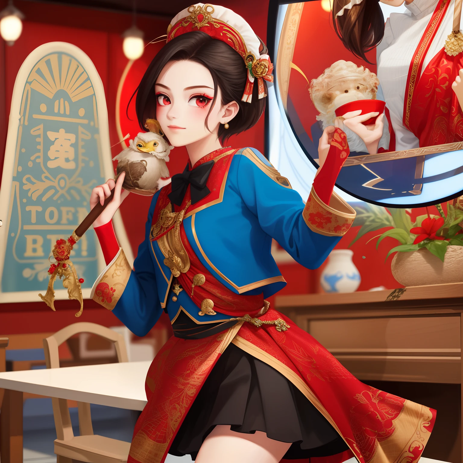 tmasterpiece, Need, 1girl, Be red in the face, vex, Very short hair, Boyish girl, A shy look but enjoyed, Modern porcelain skirt, Lively cosplay café background, Students in various costumes, Classroom decoration, festive atmosphere, Vivid and bright colors reflect the atmosphere of the Fun Culture Festival,Detailed skin texture,Fine cloth texture,beautiful detailed face,intricately details,Super meticulous,Gnawing duck neck,Nibble on duck heads