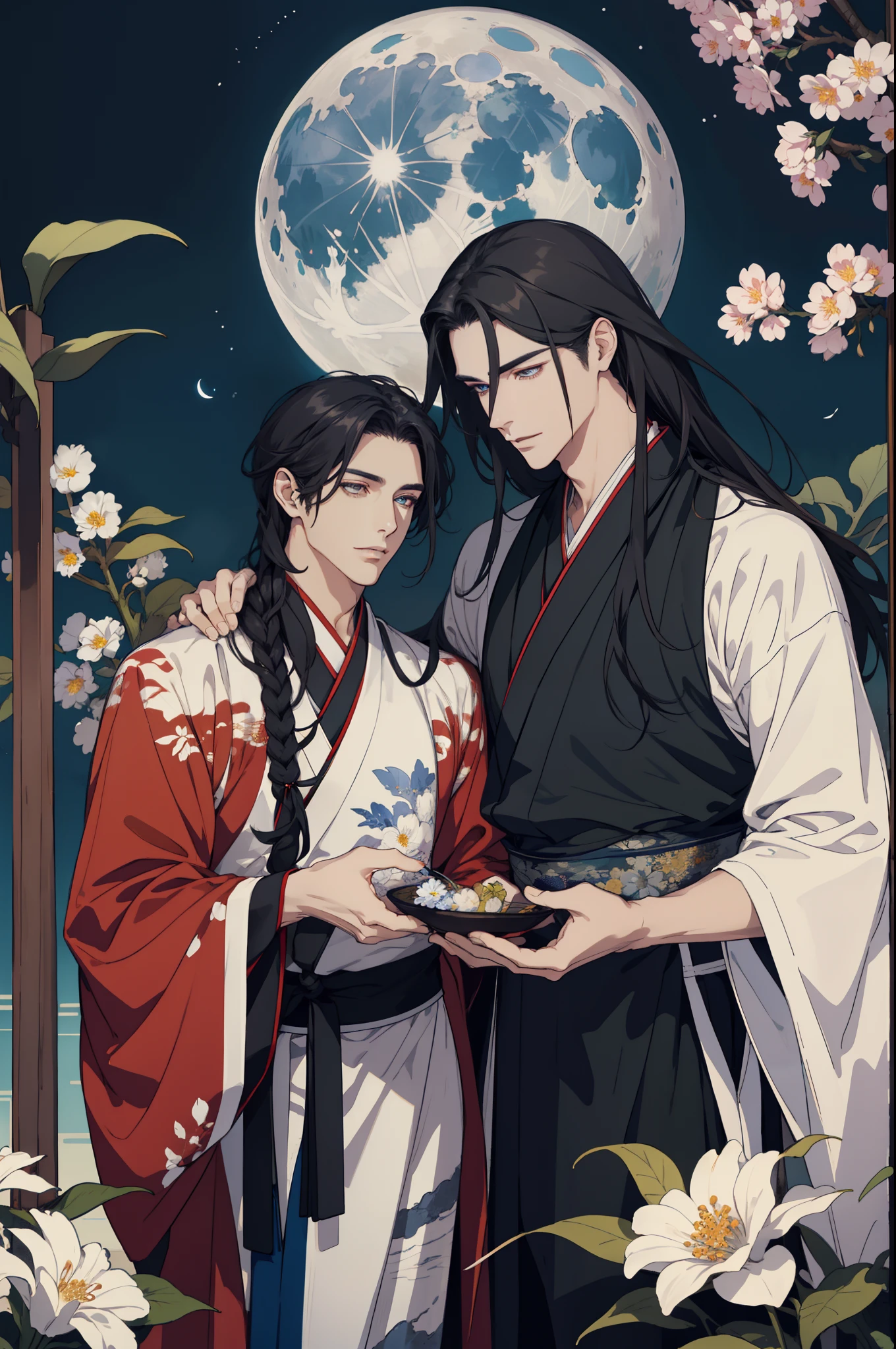 Two men...., attractive, lover, Finely detailed eyes and detailed face, long-haired, fantasy, Spectacular backgrounds, Fluttering flowers, moon light, Wearing traditional hanfu, fantasy