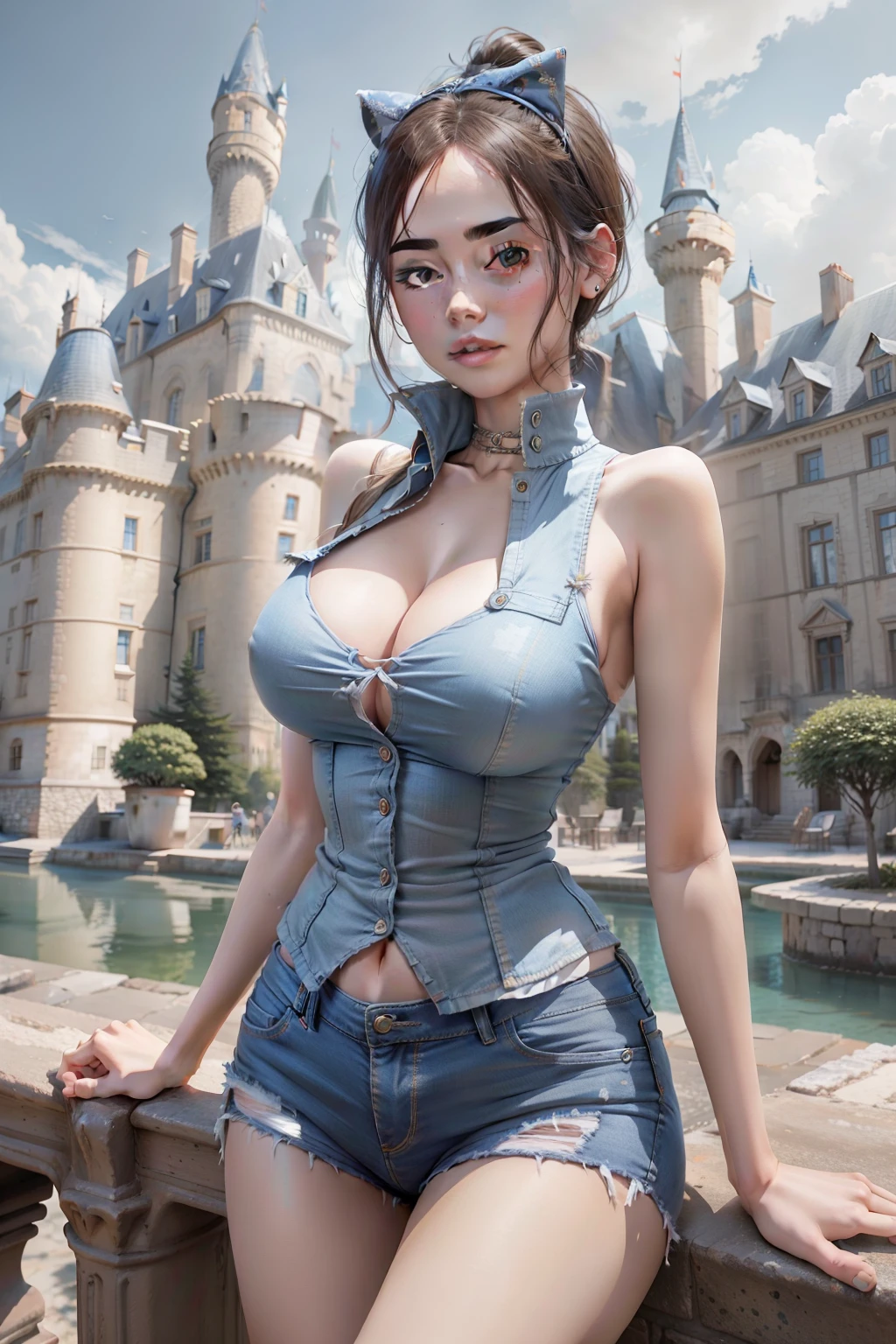 European castle in background,One was wearing denim shorts,Sexy beauty with super short vest