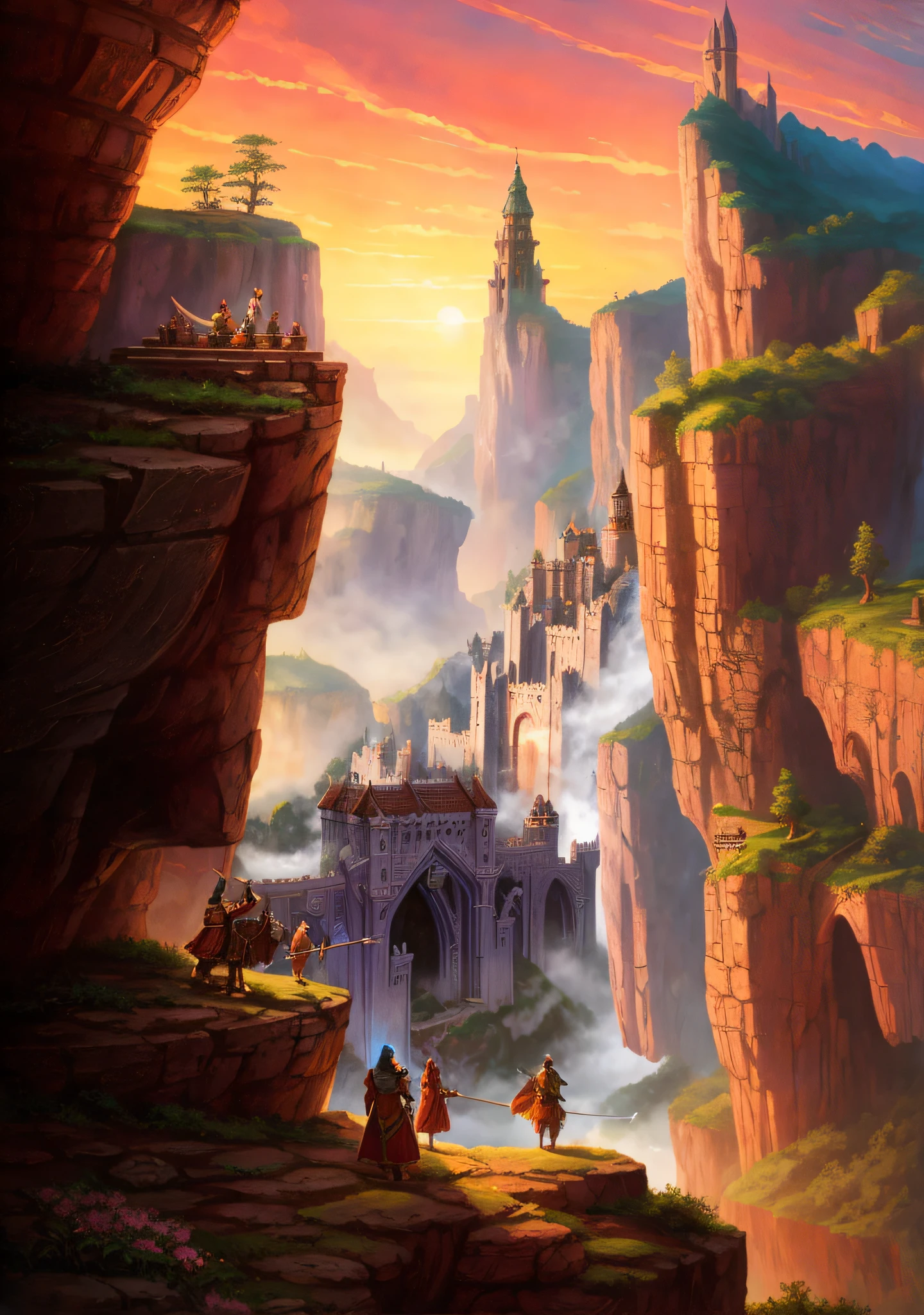 Epic fantasy of a walled city, com uma grande ponte, Where six adventurers are coming, illustration matte painting, Rivendell, inspirado em Marc Simonetti, fantasy RPG book illustration, inspired by the Brothers Hildebrandt, inspired by the Brothers Hildebrandt, epic rpg artwork, high fantasy illustration, alta fantasia pintura fosca, d & d fantasia pintura digital, cidade fortaleza da montanha, with dwarf statues and a tower over the mountain