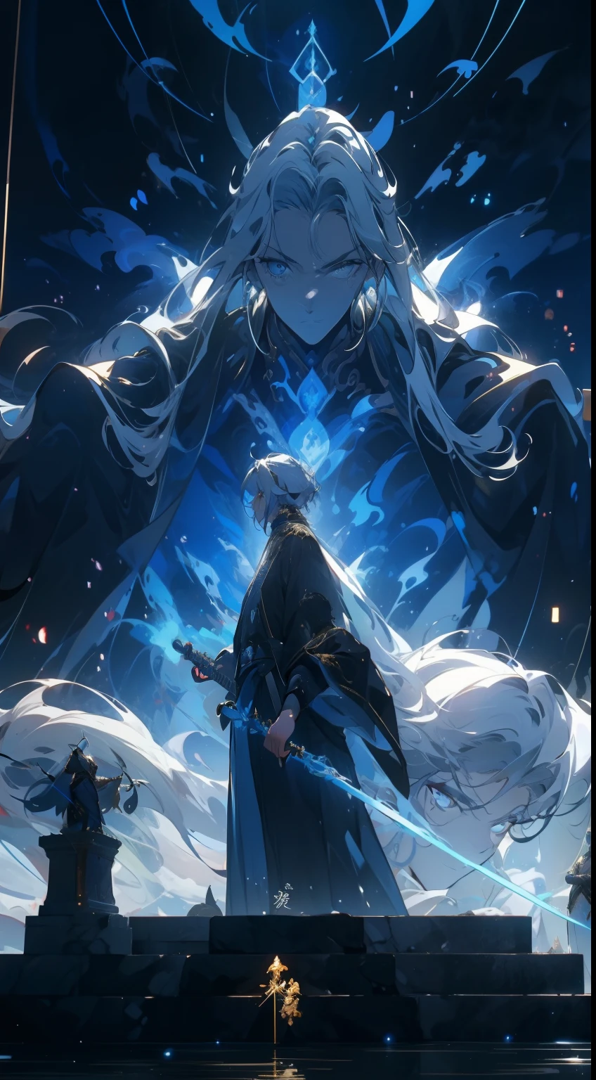 Immortal Warlock，A figure stood in front of a golden Taoist priest，Correct anatomy，Black eyes，Sword in hand，Flowing clothing，From the side Side，High-angle lens shooting，Dramatic lighting，3Drenderingof
