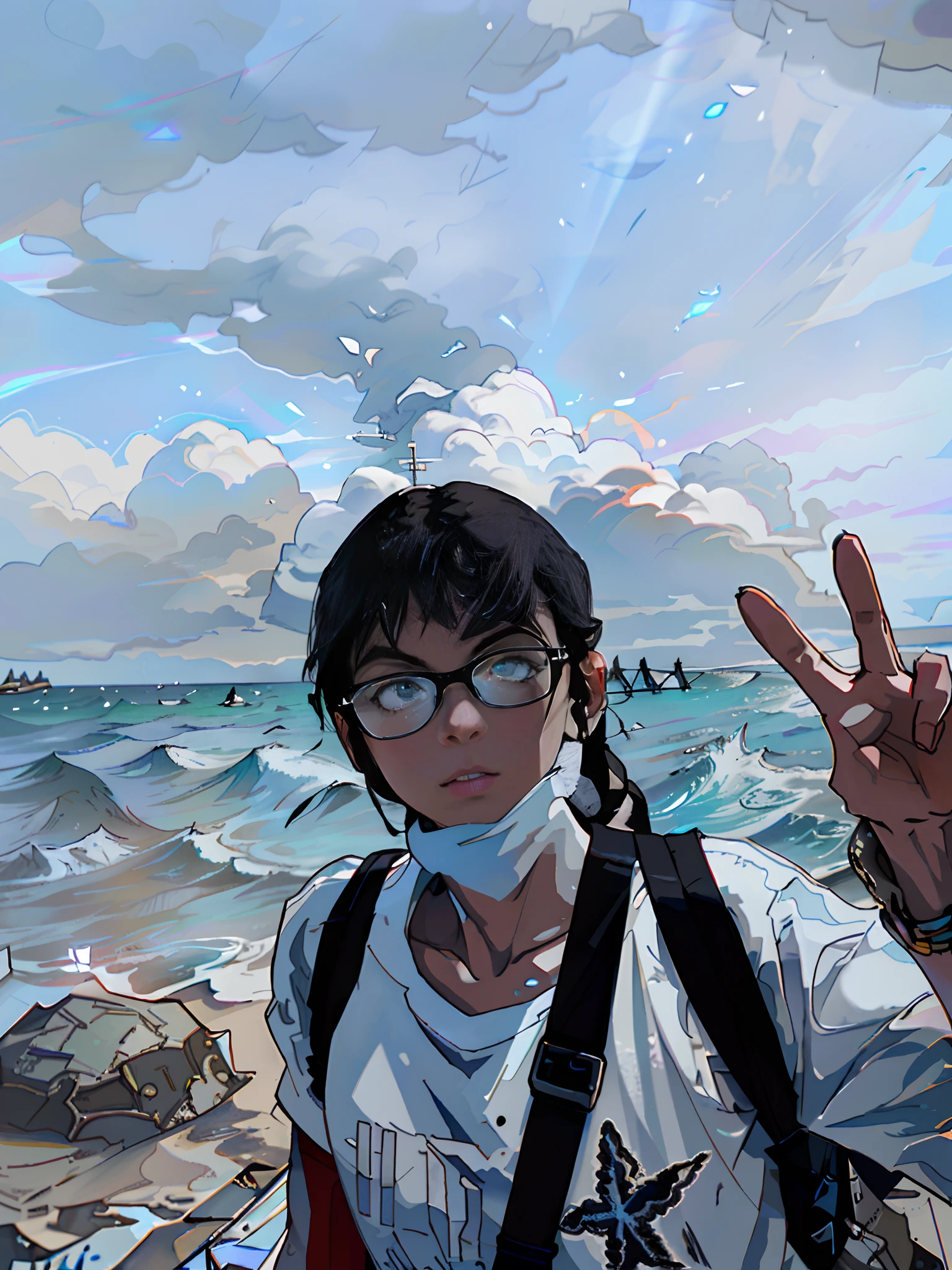 white shirts, anime girl, anime style, black hair, blue sky, beautiful ocean, beach, peace sign, hands up, black bag, rocks on beach, masterpiece, impressive lighting, cinematic light, glasses, white mask, ultra details, high quality best quality, realistic, photorealistic, ultra detailed,Ultra wide angle, Accent Lighting, Volumetric Lighting, backlighting, (detailed light),((an extremely delicate and beautiful)),dramatic_shadow,ray_tracing,hdr