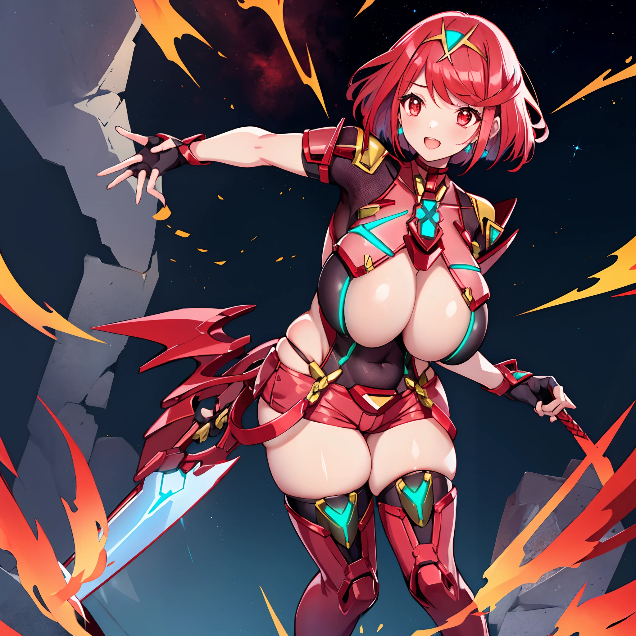 pyra \(xenoblade\), _1girl, armor, bangs, black gloves, breasts, red eyes, closed mouth, earrings, eyelashes, fingerless gloves, floating hair, framed breasts, gem, gloves, hair ornament, headpiece, jewelry, big_breasts, leaning back, leotard, neon trim, official art, pose, red hair, red shorts, saitou masatsugu, short hair, short shorts, short sleeves, shorts, sidelocks, skin tight, solo, standing, swept bangs, thighhighs, tiara, night_prairie_background, turtleneck, underbust, vambraces, xenoblade chronicles \(series\), (xenoblade chronicles 2), apart_legs, fire_effect,dynamic_pose_fighting,light_smile, (plump:1.1), big_ass,huge_sword, hold_large_sword_hilt, solo, covered_nipples, covered_pussy,open_mouth,