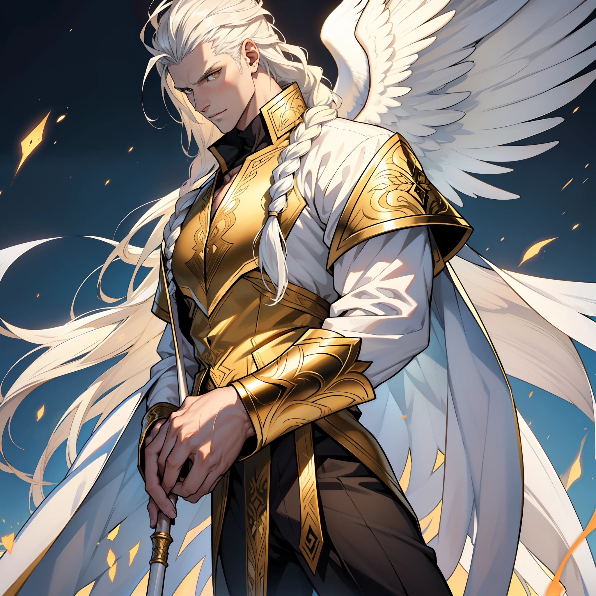 Caius is a handsome male, stands at 7ft tall. He has an athletic body structure. He wears royal attire thats silver and gold. He has beautiful long white silky hair and a golden eye color. He is seen with a staff. He has huge white wings. A big bulge in his pants. White Phoenix human form. His hair is braided back. Portrait