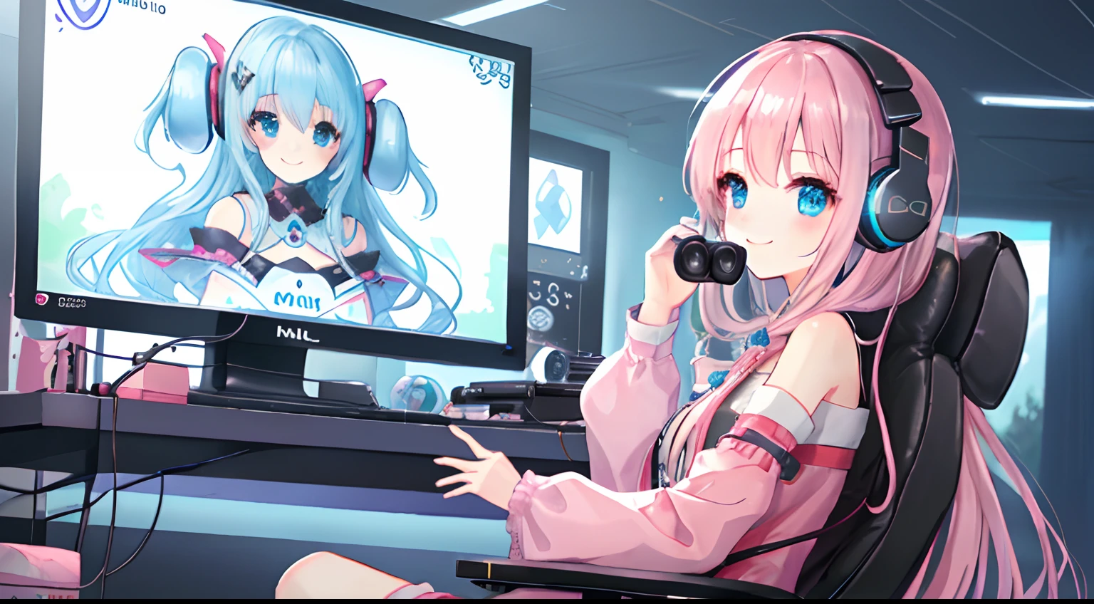 Beautuful Women、(8K、SLR、realisitic)、Lovely room、Play games、Sit in the game chair、Put on headphones、a smile、Look at your PC screen、Side view