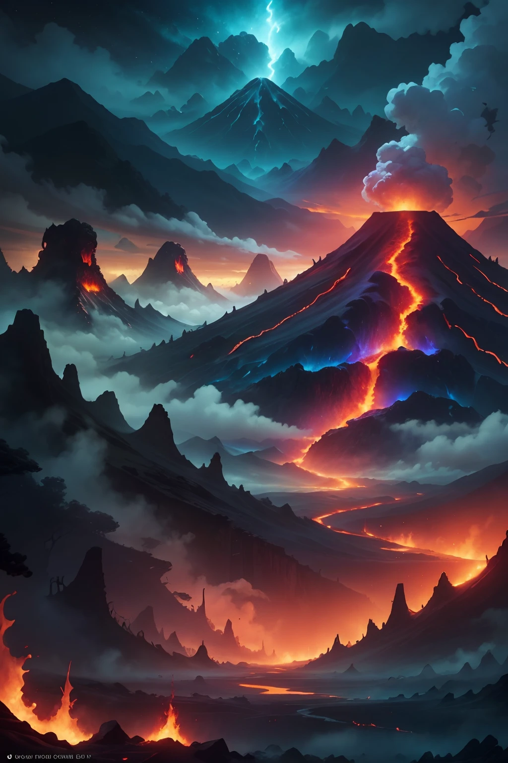 Land of the dead, volcano mountains, lava flowing, fire, fog, Night, dark red tones, no humans, center composition