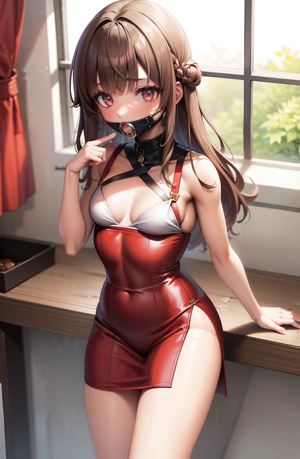 tmasterpiece, high qulity, best qualtiy, A high resolution, 4K, k hd, beautiful light up, very vey very detailed face, Well drawn hands, Well drawn legs, Well drawn feet, Well drawn eyes,1girll,KaedeDG, brown  hair, with brown eye, Slit bikini,Red gauze dress,White top,smallunderboob,Little ass,standing on your feet,is shy,wince，Plug gag， Gag plugs