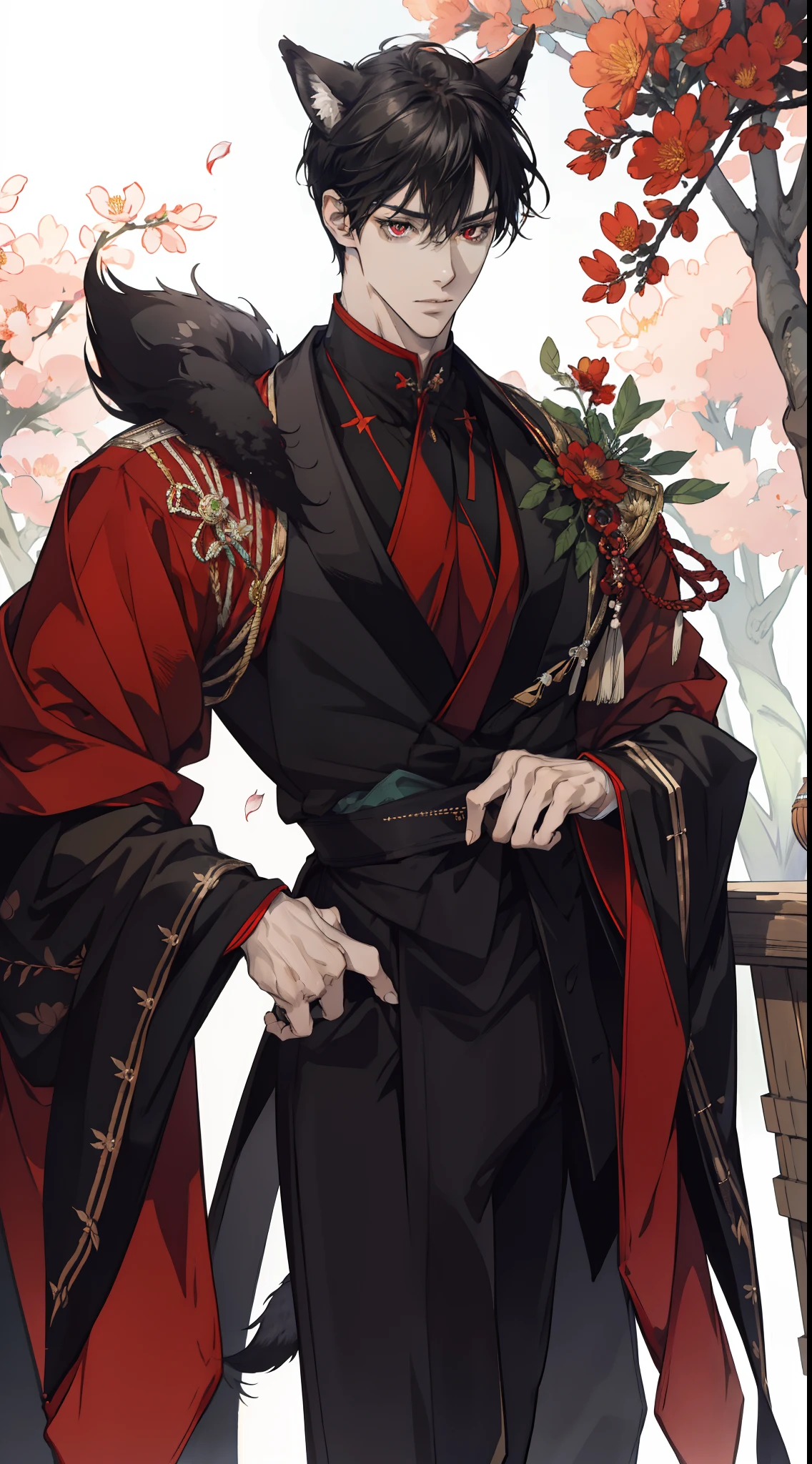 (absurdres, highres, ultra detailed), fox boy, 1 male, adult, male focus, handsome, handsome, tall muscular guy, broad shoulders, finely detailed eyes and detailed face, short black hair, red eyes, handsome, Japanese costumes, fantasy, forest, gentlemanly, Black fox ear, Black fox tail. 4k wallpaper (High quality: 1.2, Clothing: 1.4) (((In the moring))) (Provocative light) Blooming Flower, Flying Petals, Defined Face) Perfect Hands)Fantastic light and shadow, Scenery, portrait