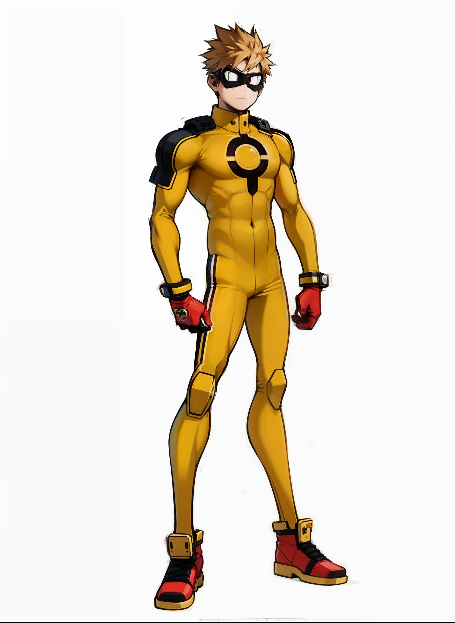 My Hero Academia style, anime boy, male, young male, trending on artstation pixiv, (full body shot:0.5), Masterpiece, fullbody suit, Hero costume, Slicked-back blonde hair, red eyes, Yellow suit with red lightning lines, red lightning logo on the chest, lightning logo on the chest, lightning logo, logo on the chest, Red elbow gloves, Red knee boots, Red elbow pads, Red knee pads, Red shin guards, Red forehead goggles, Forehead goggles, Red goggles, Yellow background with red lightning, yellow background, background with lightning, background with red lightning,