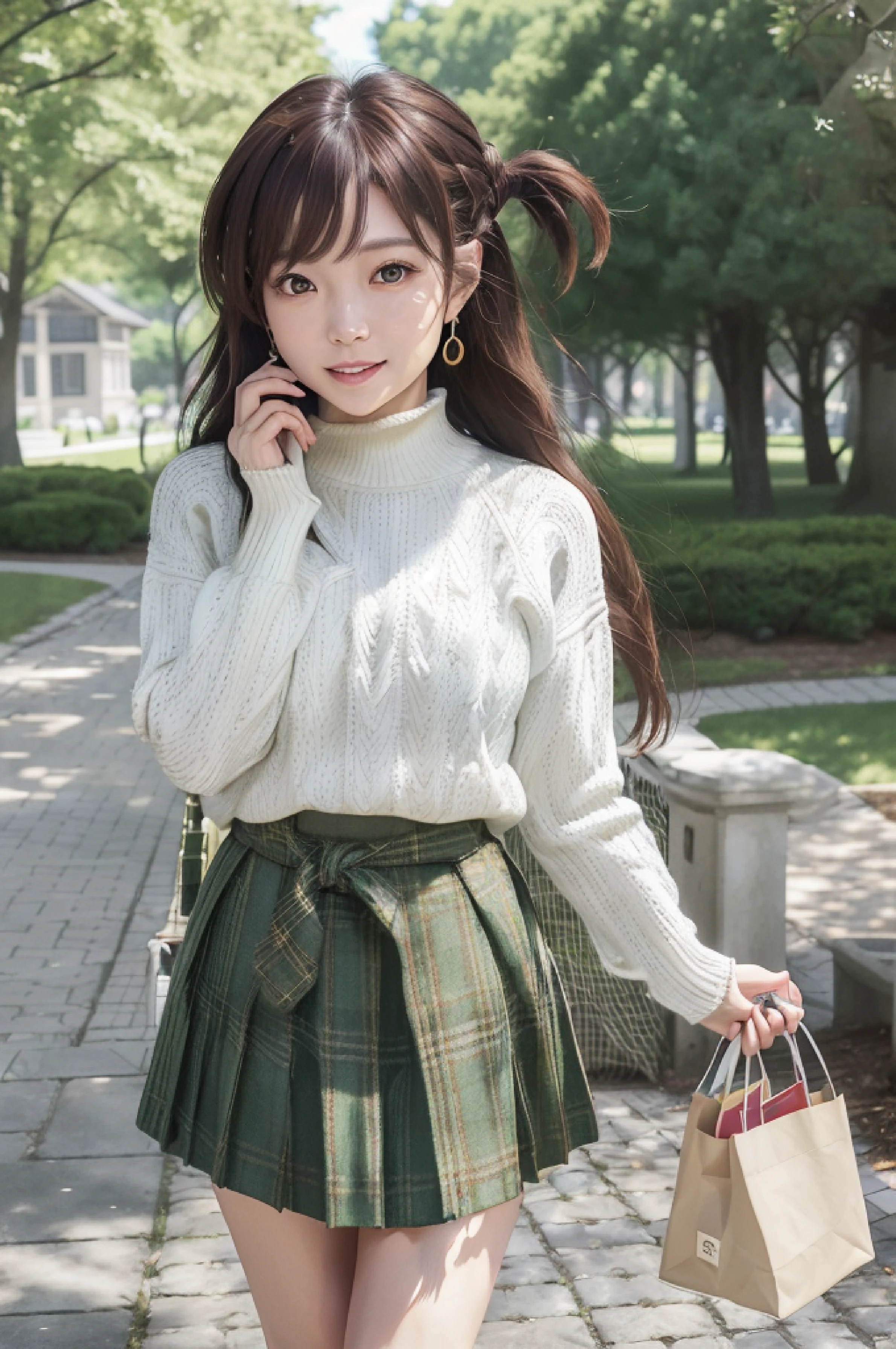 8k, raw camera, highres, detailed, masterpiece, portrait, photorealistic, hyperrealist, aesthetic, beautiful, best quality, highly detaile, best quality clothing, aesthetic clothings, professional angle, rule of thirds, Feminine, delicate, beautiful, 19 years, attractive Japanese, solo, 1 girl, (Chuzuru Ichinose Mizuhara), (In Park with green trees), (Full body), ((From Front) Shallow Depth of Field), Some People in the Background, ((Happy)), (Waist Length Hair, Brown Hair), (Loose Hair, Braid, Bangs , Straight Hair), ((One Side Up)), (Light Brown Eyes, Open Eyes, Cheerful Gaze), (-, Holding a bag), (Standing, Mouth Closed Smiling), -, Red Bracelet, (Medium Bust), ((High Neck White Sweater, Green Plaid Skirt Knee Length )), (Earrings, Hair RedTie), (-), beautiful body, beautiful eyes, shiny eyes, shiny hair, beautiful mouth, beautiful lips, beautiful skin, beautiful teeth, perfect teeth, beautiful face