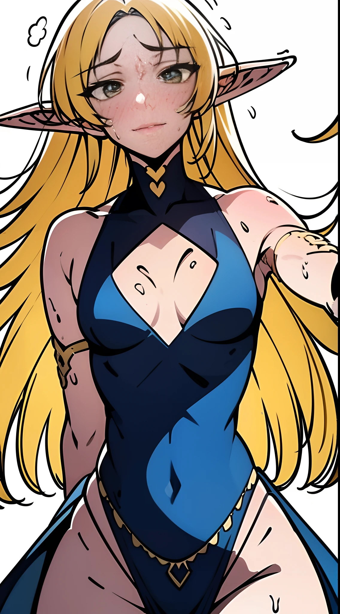 solo, flat painting, matte skin, very easy drawing, elf, blonde hair, green eyes, clear skin, healthy skin, blue simple dress, skin without tattoos, Spot-free skin, Hourglass Body,