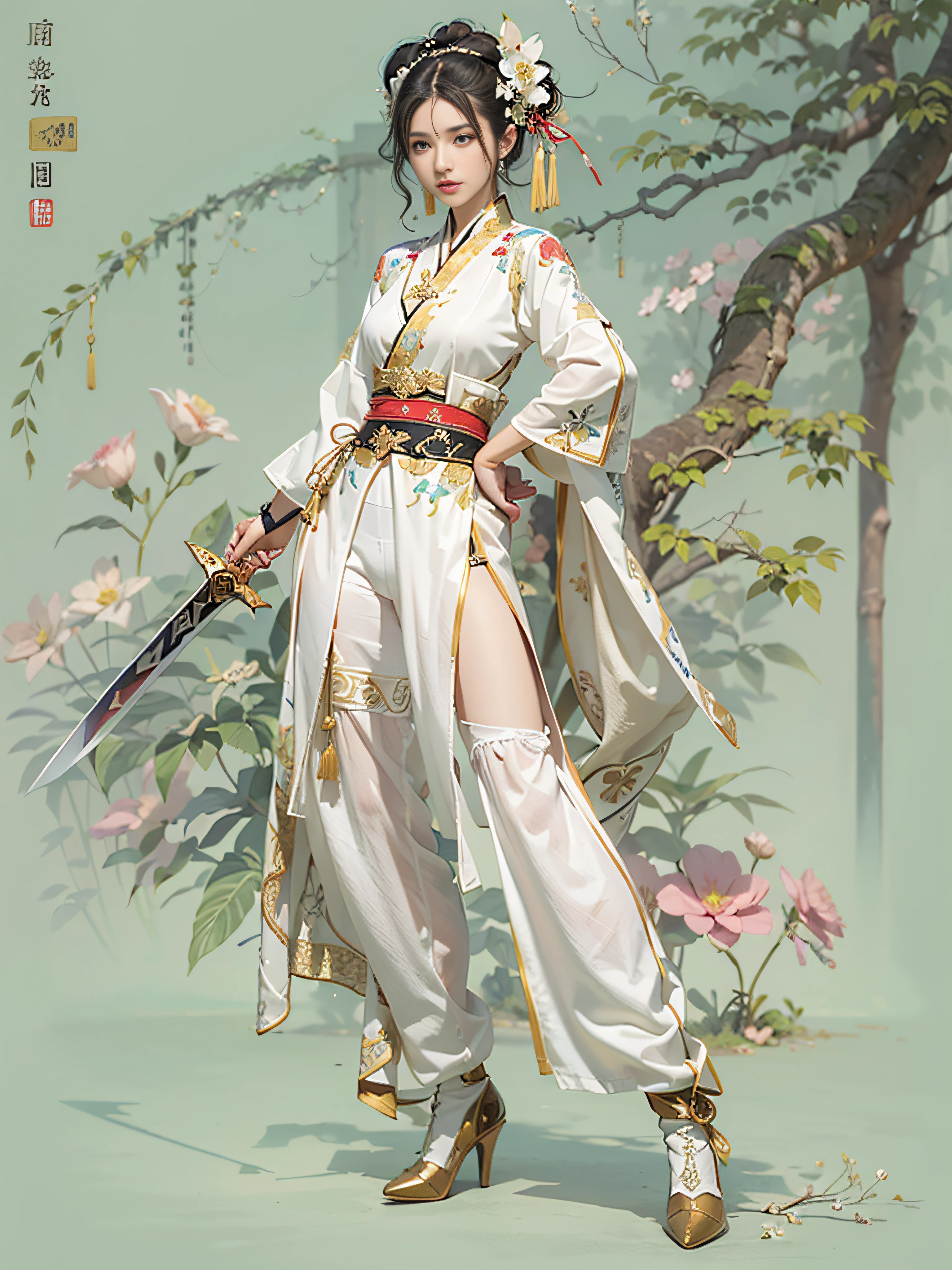 Royal sister,swordsmen,Big sister type,Oriental women,gallant woman,Cold sass,,tmasterpiece,A high resolution,,Absolutely beautiful,,(Wide buttock:1.4),(Thick legs:1.4),are standing,exquisitedetails,A high resolution,Wallpapers,1female,独奏,,enchanted、Raised sexy, Rich expressions, trinkets,Tight white hanfu,,校服,Short sleeves tight white trousers,Wearing white boots,With a sword,embroidery, natural poses,standing on your feet, Fanning,16K,HDR,A high resolution,depth of fields,Bocoon,prime time,Vignette,rainbowing,