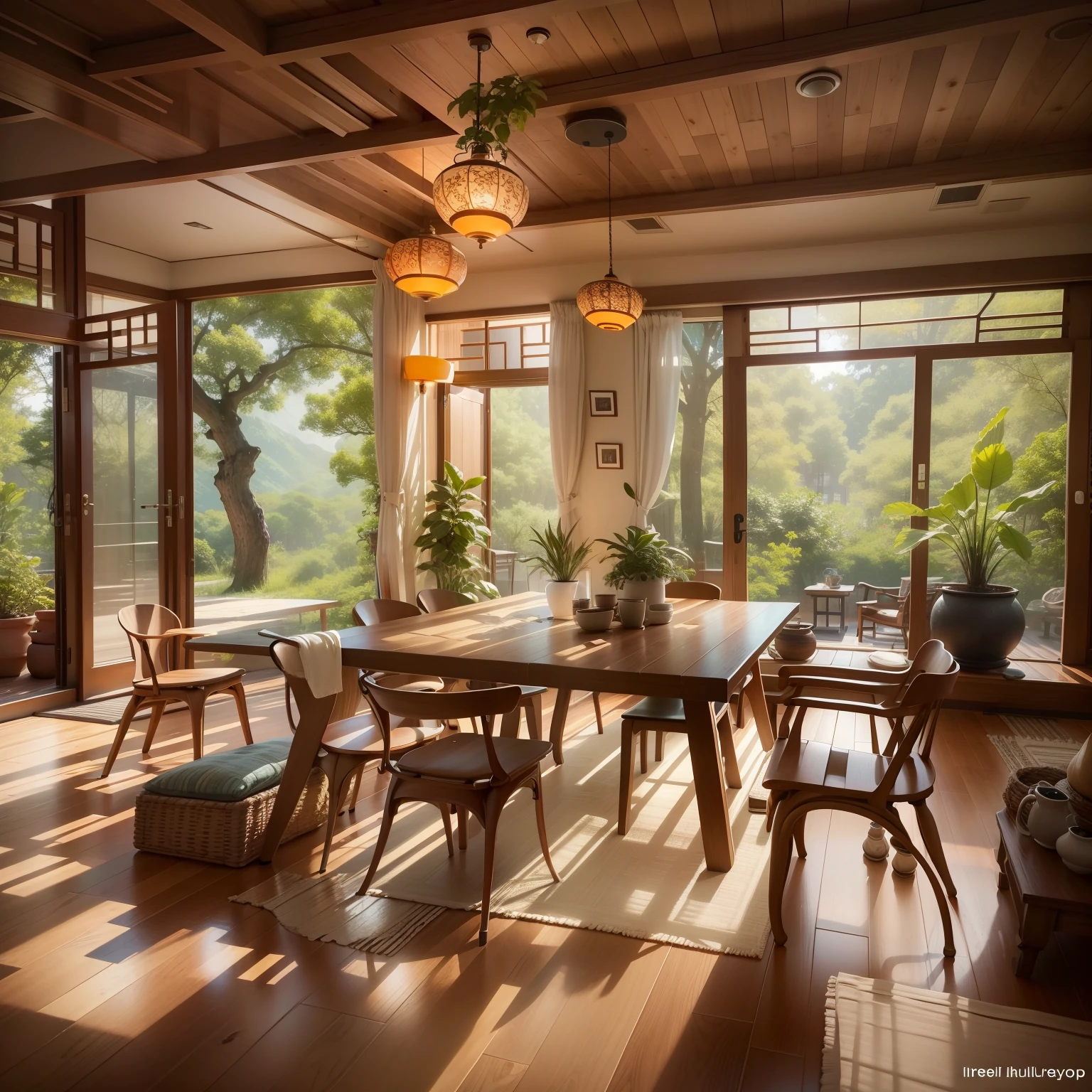 Interior design、Crazy detailed wide-angle building photos、cozy contemporary living room、(Bright warm sunshine 1:0.1)、award-winning contemporary interior design、Landscapes、DL、a chair、in a house、wooden floor、window、dining room、east asian east asian architecture、Sliding paper doors、lamp lights、buliding、the woods、naturey、Cups、A plant、Interior design、Insert lights and shadows、depth of fields、low illuminance、