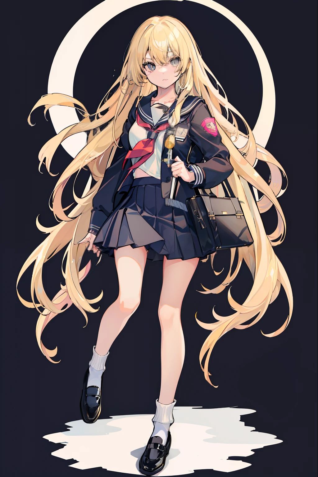 Depiction of a young woman with long hair holding a briefcase, 1 girl, solo, Marisa Kirisame, school uniform, Gohei, skirt, shoes, Serafuku, white sailor uniform, socks, Mary Janes, school background, different costume, long sleeves, blonde, full body, looking at viewer, long hair