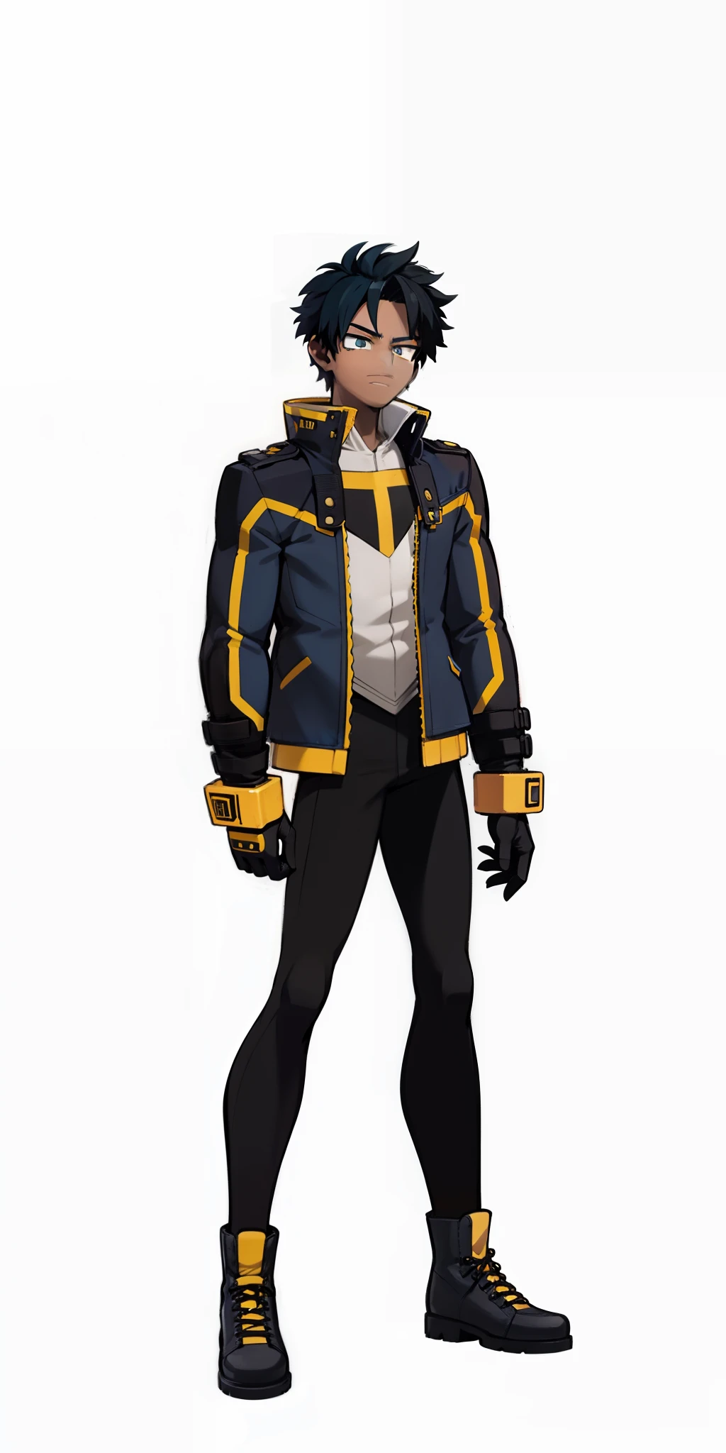My Hero Academia style, anime boy, male, young male, trending on artstation pixiv, (full body shot:0.5), Masterpiece, fullbody suit, Hero costume, Dark-skinned male, Brown Skin, dreadlocks, brown hair, Blue eyes, Dark blue trench coat with black stripes, Dark blue suit with black stripes, yellow lightning bolt logo on chest,chest lightning logo, lightning logo, chest logo, yellow lightning logo, yellow goggles on the forehead, goggles on the forehead, yellow goggles, black ankle boots, toe-cap ankle boots, yellow knee pads, black gloves, black background, black background with blue lightning, blue lightning, background with lightning,