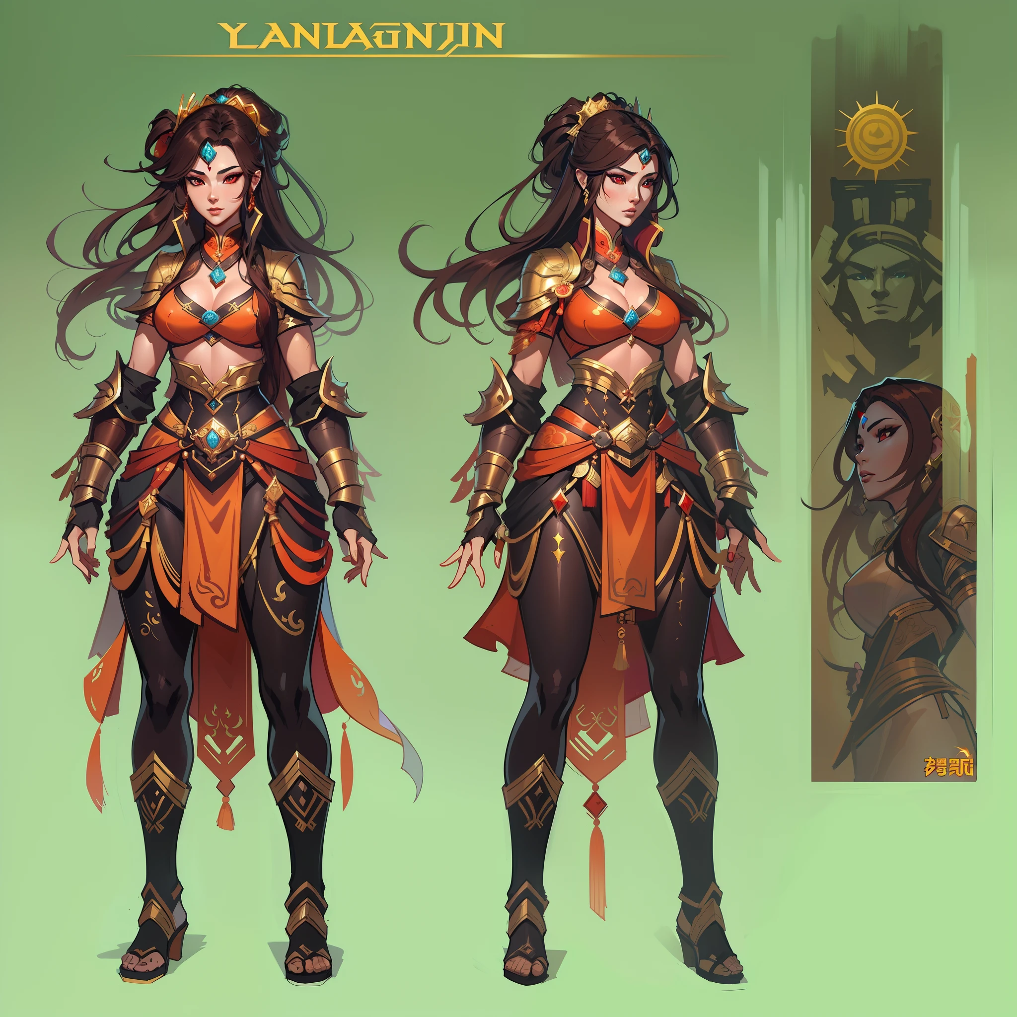 a close up of a strong amazon woman in her 30's, with red eyes and brown hair, wearing a black and red belly dancer attire, a heroine with red eyes, female mage with sun power, middle-eastern princess, standing in a middle-eastern temple, new costume concept design, in the style of blade and soul, full body character concept, detailed character design, inspired by Yang Jin, inspired by Li Mei-Shu, chinese costume, inspired by Lan Ying, inspired by Sim Sa-Jeong, inspired by Li Tang, lunar themed attire, costume with orange accents, inspired by Ju Lian, colored concept art, highly detailed character design, highly detailed face, inspired by Ai Xuan, very highly detailed face, unreal engine render, final fantasy 14 style, inspired by Leng Mei