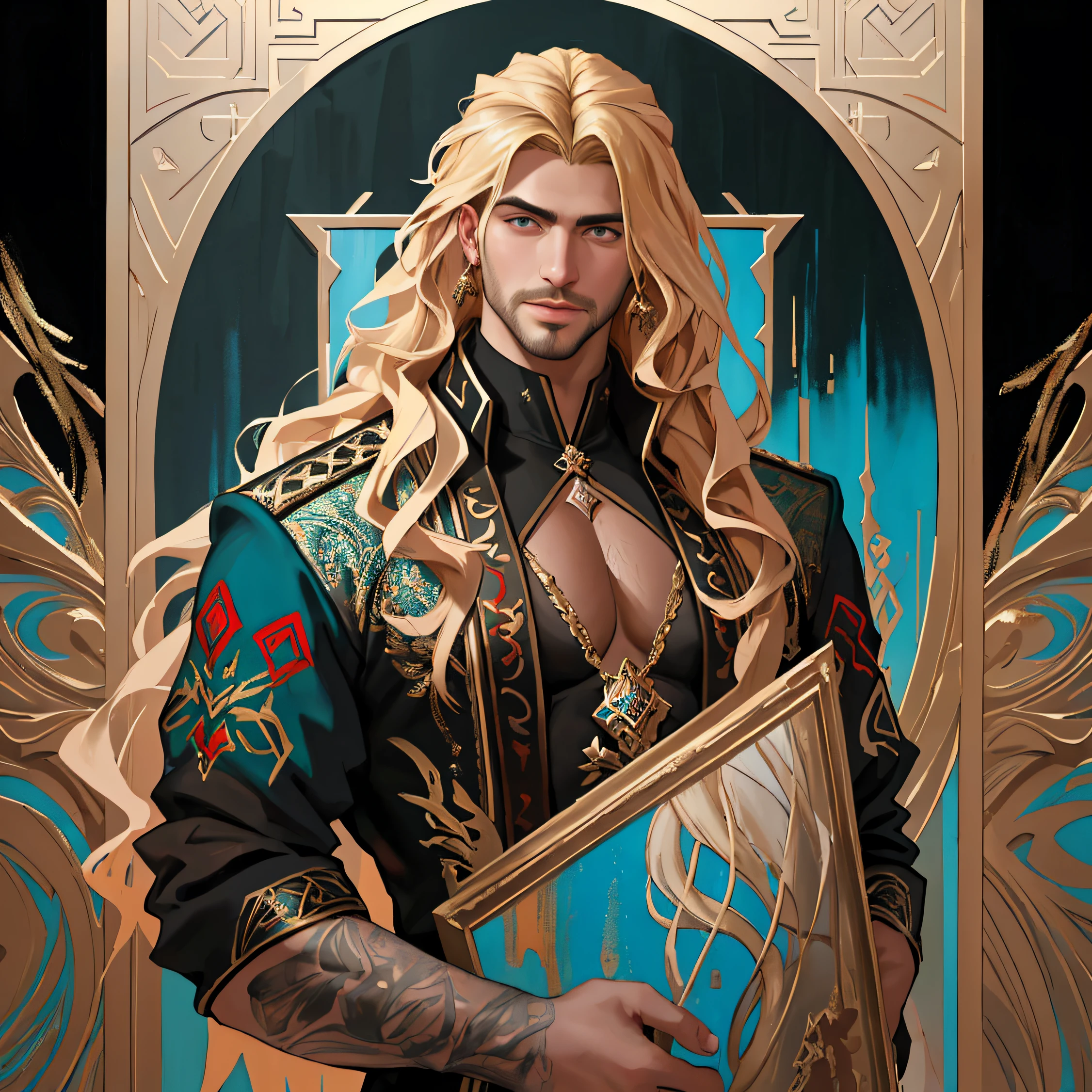 arte figurativa, Medium full shot painting of a handsome Russian-Persian male prince with long blonde hair, grunge painting texture of abstraction, pintura de retrato abstrato,, oil on the canvas, insanamente detalhado, vista frontal, symmetric, octanagem render, arte conceitual, abstrata, artistic, 8k, cinematografic, trending in artstation, motor irreal 5, focus ultra sharp, altamente detalhado, vibrante, ((ultra-detailed)), (((human hand))), (((five-fingered hand))), (((detailed hands))), (((detailed fingers))), fingers without deformations, (((Detailed eyes description))), greater contrast, 4k, 8k, hyperrealistic, (((detailed face))), (((88% hire)))