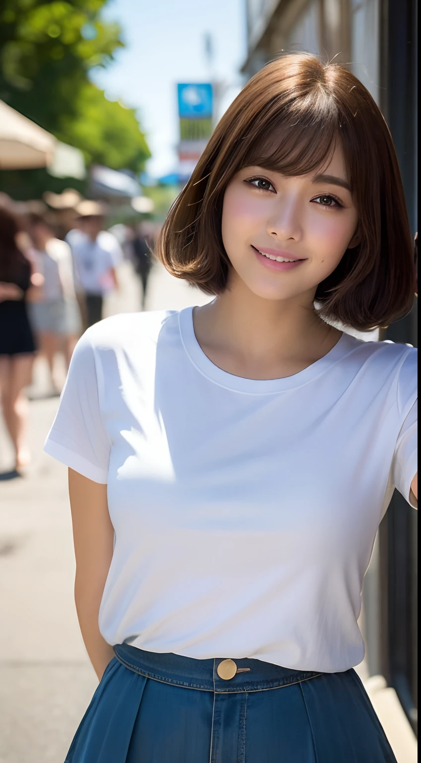 (8K、Raw photography、top-quality、masuter piece:1.2)、ultra-detailliert、ultra res、(realisitic、rialistic photo:1.37)、portlate、high-definition RAW color photography、Professional Photography、highly detailed and beautiful、ighly detailed、8K Picture Wallpaper、amazing detailed、huge filesize、Official art、Highly detailed CG Unity 8K wallpapers、highly detailed beautiful girl、extra detailed face、extremely detailed eye、highlydetailed skin、extremely detailed fingers、highly detailed nose、very detailed detailed mouth、Perfect Anatomy、highly detailed back ground、Highly detailed clothing、 1 人、(18:1.2)、Teen、Cute little girl s、famous Japan idol、cute little、Realistic body、小柄、de pele branca、glistning skin、Slim body、Handsome body、brown haired、short constricted curly hair、(Blunt bangs:1.2)、A smile、kawaii、zora々Right、kawaii faces、Lifelike face、Delicat eyes、Sauce order、White T-shirt、skirt by the、耳Nipple Ring、Looking at the camera、cowboy shot、front facing、Standing、Contrapo, high street, public, 动态照明,short-hair、bobhair、shorth hair
