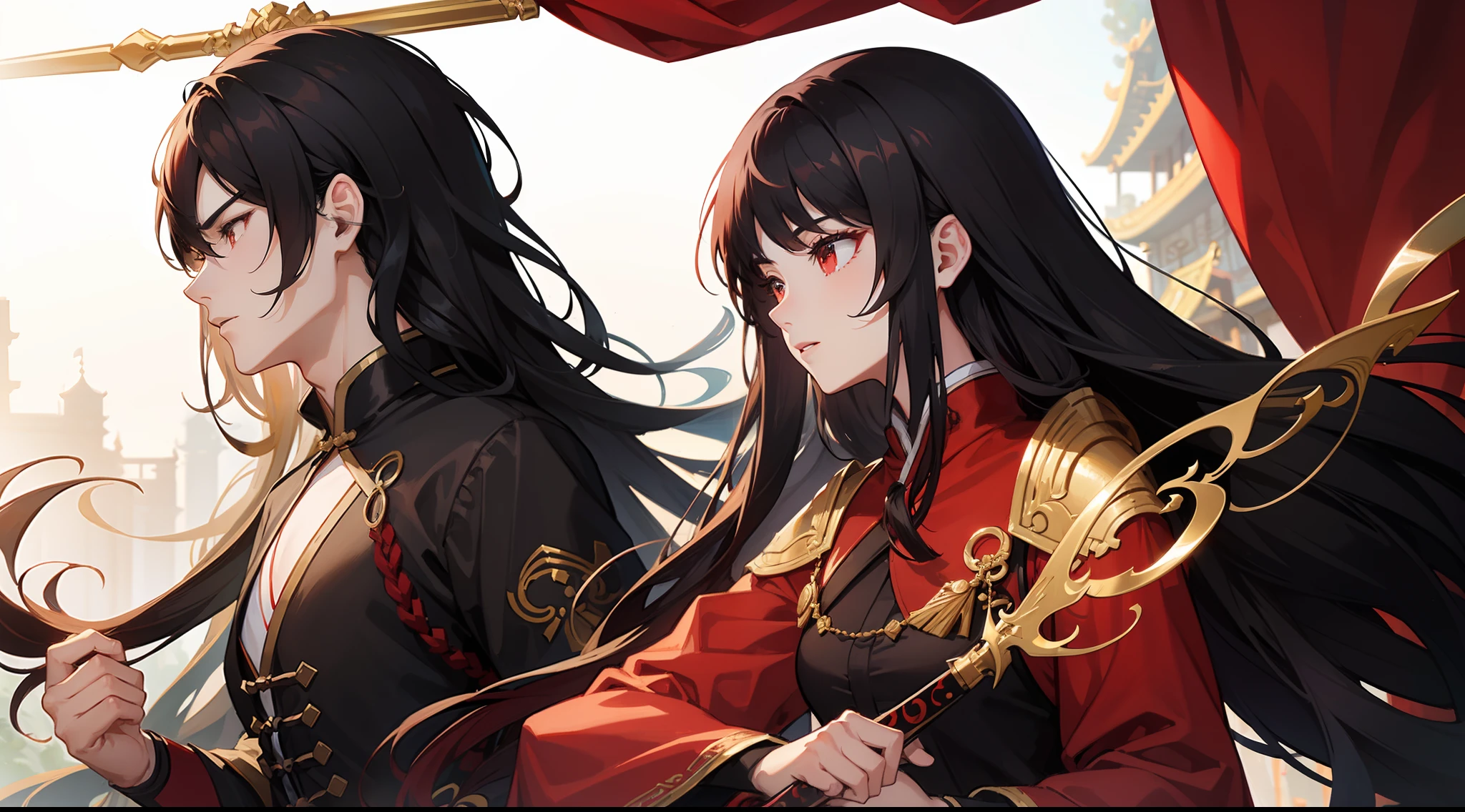 (((high detail))), best quality, couple, ung man with long black hair, 1 matured woman with red hair, xianxia, wuxia, man has black and ref outfit, romantic pose, dynamic angle, wuxia house background
