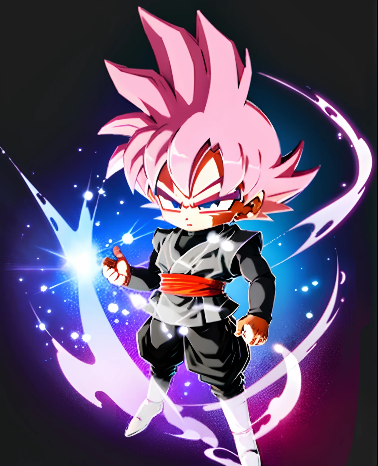 best quality, masterpiece, Goku_\(Dragon Ball\), Super saiyan: 1.3, solo, chibi, best ratio for fingers and one thumb, Pink hair, white collar, white sleeves, Hair standing upright: 1.5