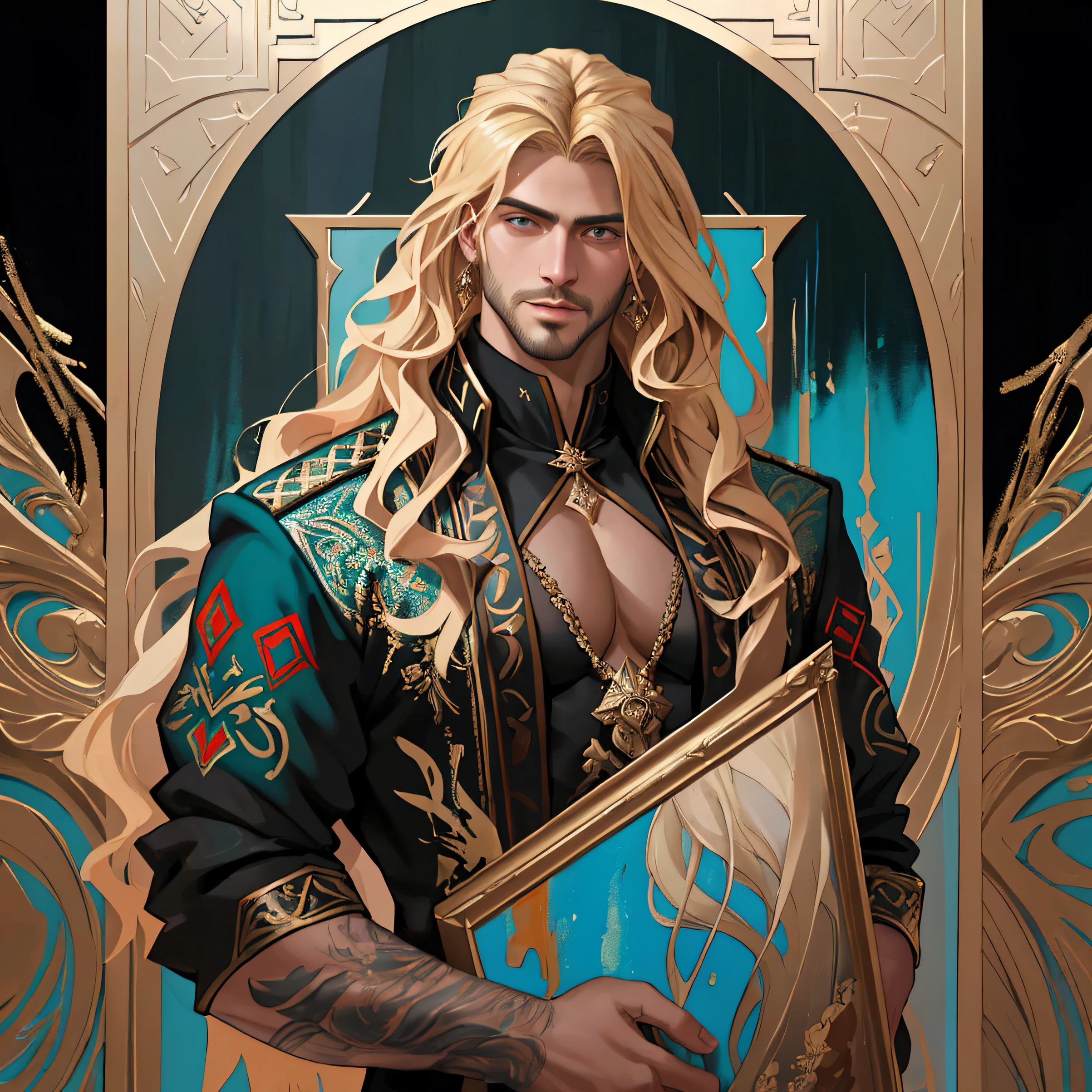 arte figurativa, Medium full shot painting of a handsome Russian-Persian male prince with long blonde hair, grunge painting texture of abstraction, pintura de retrato abstrato,, oil on the canvas, insanamente detalhado, vista frontal, symmetric, octanagem render, arte conceitual, abstrata, artistic, 8k, cinematografic, trending in artstation, motor irreal 5, focus ultra sharp, altamente detalhado, vibrante, ((ultra-detailed)), (((human hand))), (((five-fingered hand))), (((detailed hands))), (((detailed fingers))), fingers without deformations, (((Detailed eyes description))), greater contrast, 4k, 8k, hyperrealistic, (((detailed face))), (((88% hire)))