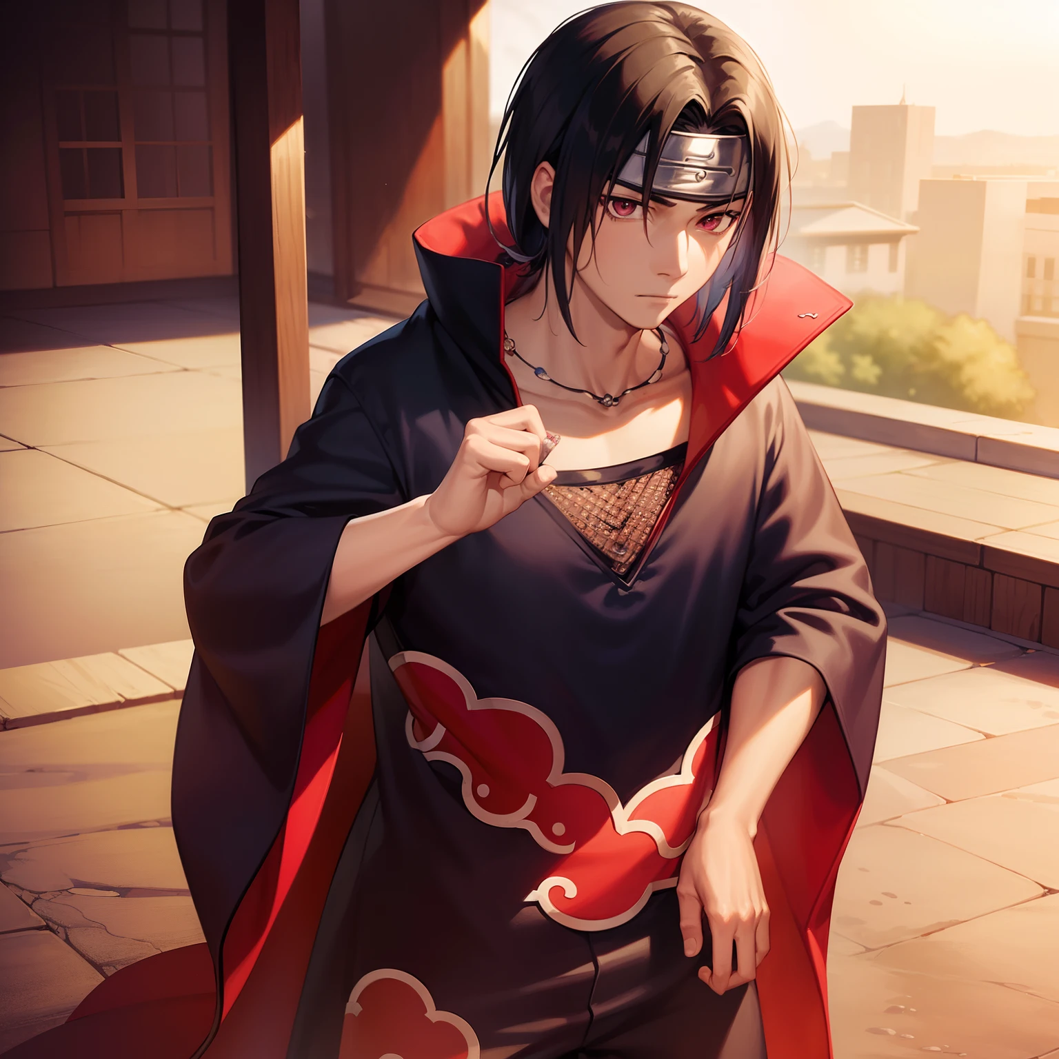 (masterpiece, best quality:1.2), cowboy shot, solo, male focus, 1boy, uchiha itachi, expressionless, closed mouth, looking at viewer, forehead protector, ninja, cloak, high collar, jewelry, necklace