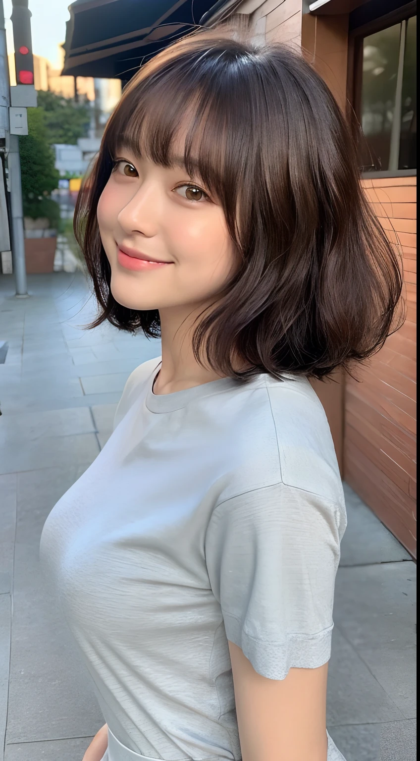 (8K、Raw photography、top-quality、masuter piece:1.2)、ultra-detailliert、ultra res、(realisitic、rialistic photo:1.37)、portlate、high-definition RAW color photography、Professional Photography、highly detailed and beautiful、ighly detailed、8K Picture Wallpaper、amazing detailed、huge filesize、Official art、Highly detailed CG Unity 8K wallpapers、highly detailed beautiful girl、extra detailed face、extremely detailed eye、highlydetailed skin、extremely detailed fingers、highly detailed nose、very detailed detailed mouth、Perfect Anatomy、highly detailed back ground、Highly detailed clothing、 1 人、(18:1.2)、Teete little us Japan idol、cute little、Realistic body、小柄、de pele branca、glistning skin、Slim body、Handsome body、brown haired、short constricted curly hair、(Blunt bangs:1.2)、A smile、kawaii、zora々Right、kawaii faces、Lifelike face、Delicat eyes、Sauce order、White T-shirt、skirt by the、耳Nipple Ring、Looking at the camera、cowboy shot、front facing、Standing、Contrapo, high street, public, 动态照明,short-hair、bobhair、shorth hair