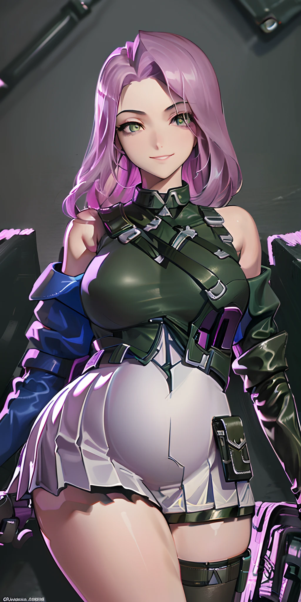 (Masterpiece: 1.6, Best quality), (beautidful eyes: 1.2), (Overhead), High quality, Beautiful face, 1girll, Wide shot, White crop top, Leather shorts, Oversized leather jacket, Open shoulders, Big tits, Long hair, Wide hips, (gardens), street, Background, Detailed background, creepy smile, Pregnant belly,Pregnant belly
